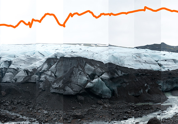 The Solheim Glacier in Iceland in February 2009. The line represents how much the glacier changed in nearly three years.