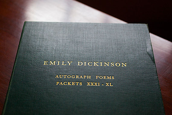 A storage box from Harvard’s Houghton Library, which along with Amherst College has the largest collection of Emily Dickinson manuscripts. Photos by Stephanie Mitchell/Harvard Staff Photographer