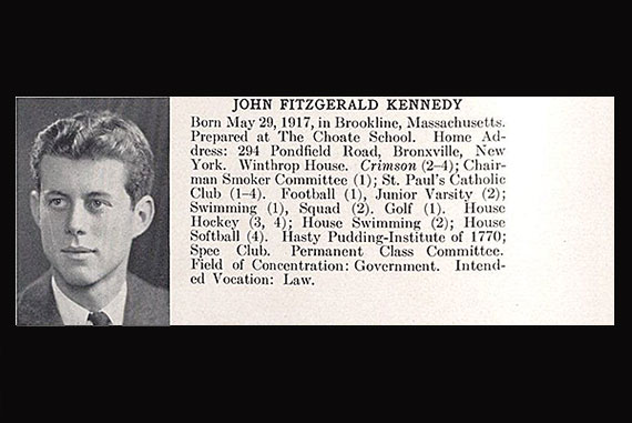The Class of 1940 Freshman Red Book, given to students once the semester was under way, listed John F. Kennedy's address as Bronxville, N.Y., his dorm room as Weld 32, and his high school as Choate. Photos courtesy of the Harvard University Archives