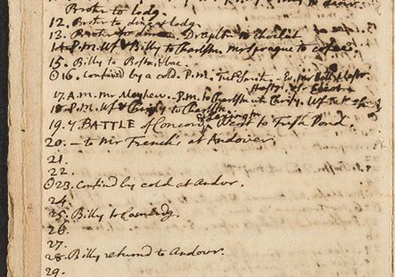 The Winthrop entries for April 1775 juxtapose the prosaic and the historic. “BATTLE of Concord & Lexington,” he notes on the 19th, adding: “Went to Fresh Pond.”