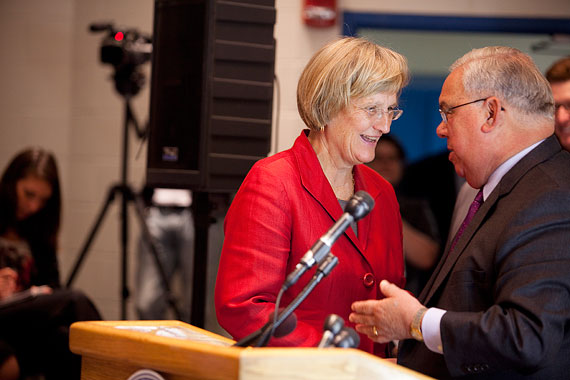 Boston Mayor Thomas M. Menino met with Harvard President Drew Faust at the John D. O'Bryant School of Mathematics and Science in 2010 to unveil a new Cisco technology that allowed students and teachers to video conference with individuals around the world. File photo by Stephanie Mitchell/Harvard Staff Photographer