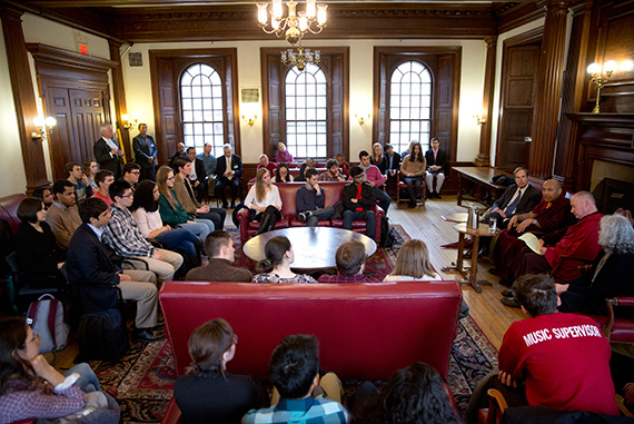 Dean of Freshmen Thomas A. Dingman (left) sat with the Karmapa during a meeting at Phillips Brooks House. “I do actually speak some English. I feel that I speak it poorly. I certainly don't think my English is up to Harvard’s standards,” the Karmapa told an audience the day before.