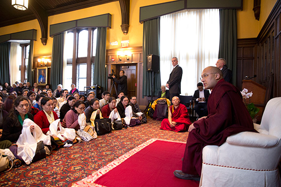 His Holiness the 17th Gyalwang Karmapa spoke with a group from the Boston and Cambridge Tibetan communities inside the Braun Room in Andover Hall.