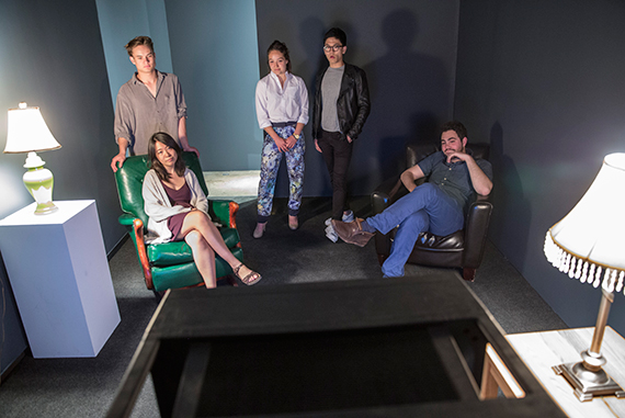 Harvard seniors Alistair Debling (from left), Renee Zhan, Lydia Burns, Harry Choi, and Daniel Citron viewed Zhan’s “Hold Me (Ca Caw Ca Caw)," an animated film in watercolor and digital medium. The VES Thesis Exhibition was featured in the Carpenter Center's Sert Gallery. Kris Snibbe/Harvard Staff Photographer