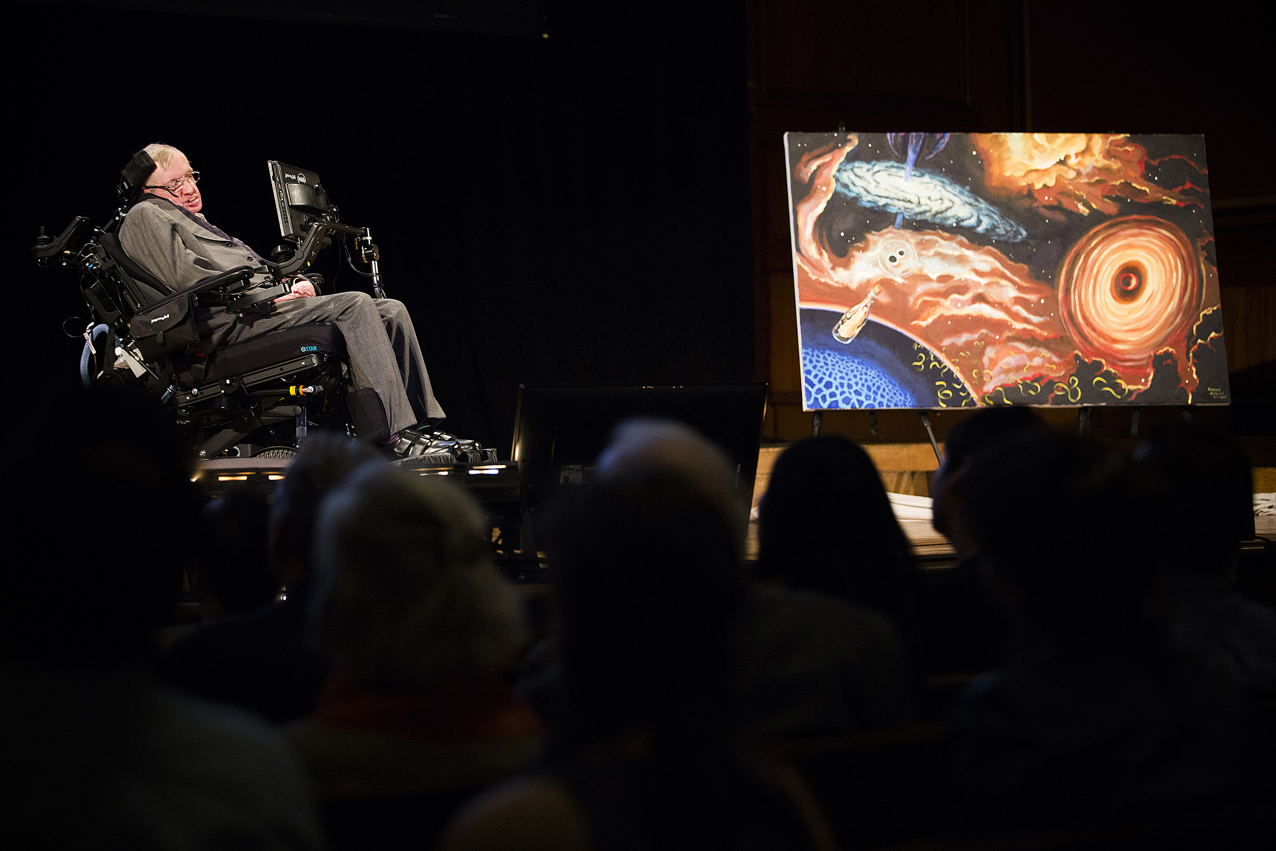 The Morris Loeb Lecture in Physics and The Black Hole Initiative Inauguration. Stephen Hawking (pictured) delivers a talk in Sanders Theatre at Harvard University. Stephanie Mitchell/Harvard Staff Photographer