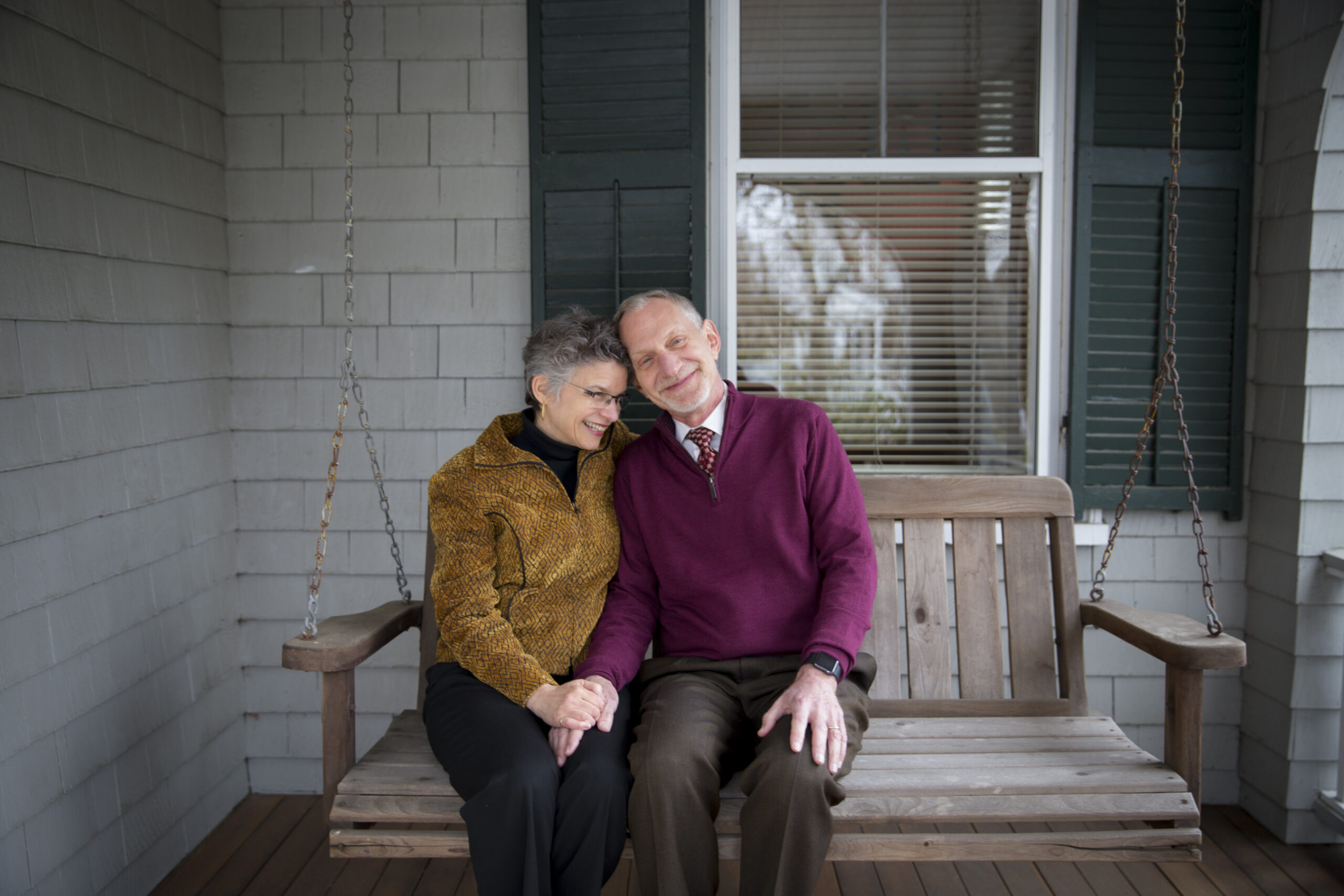 Dr. Robert Waldinger at his West Newton home with wife Jennifer Stone