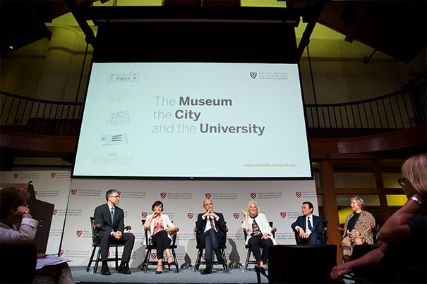 Moderator Yukio Lippit (from left) and the panel’s five museum directors included Peggy Fogelman, Isabella Stewart Gardner Museum; Matthew Teitelbaum, Museum of Fine Arts, Boston; Martha Tedeschi, Harvard Art Museums; Paul Ha, MIT List Visual Arts Center; and Jill Medvedow, The Institute of Contemporary Art/Boston. Stephanie Mitchell/Harvard Staff Photographer