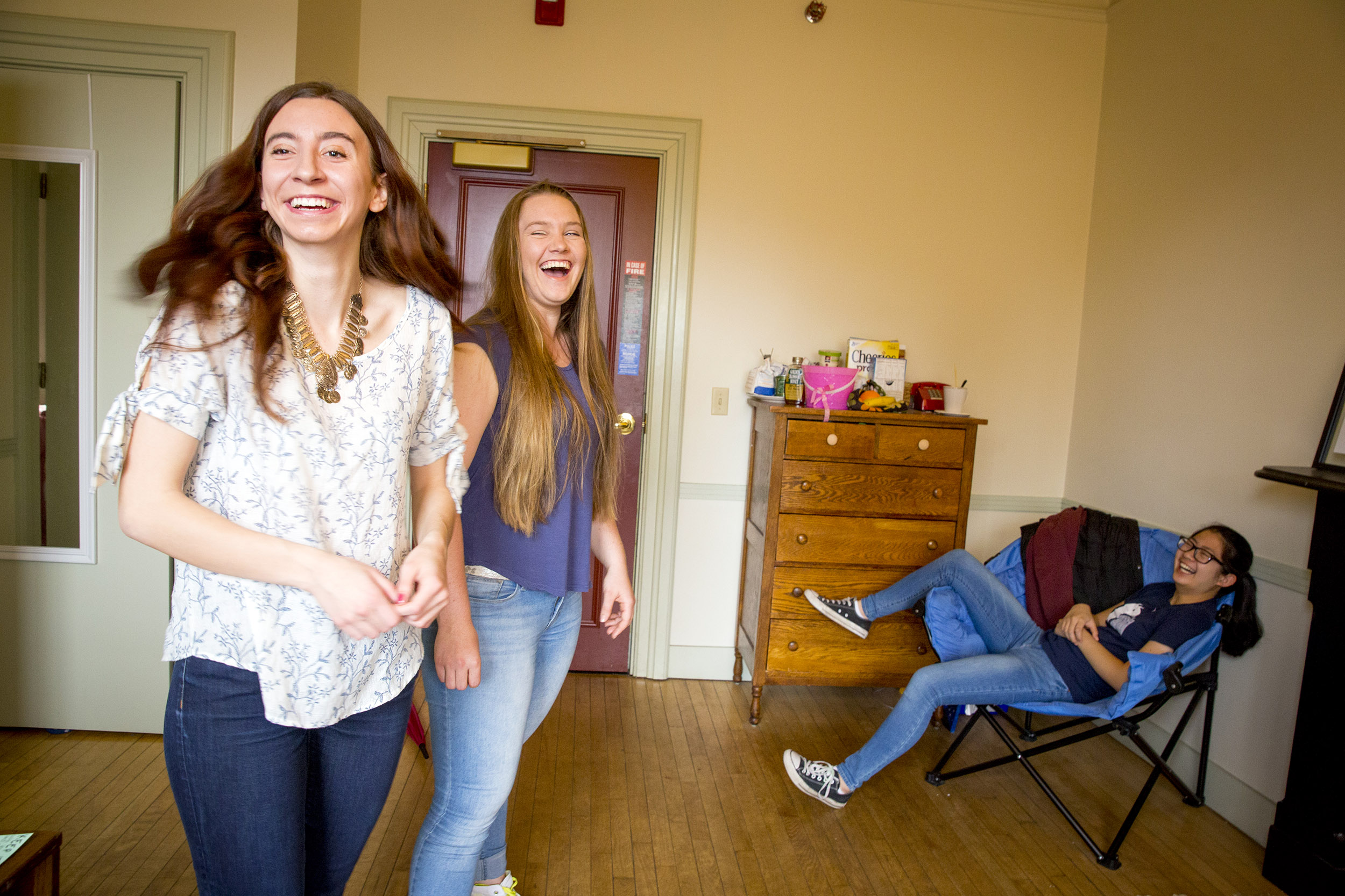 Thayer House freshmen friends, Kristie Colton, '20 of Utah (from left); Georgia Seidel, '20 of Australia, and Rebecca Chen, '20 of California are pictured in their dorm room.