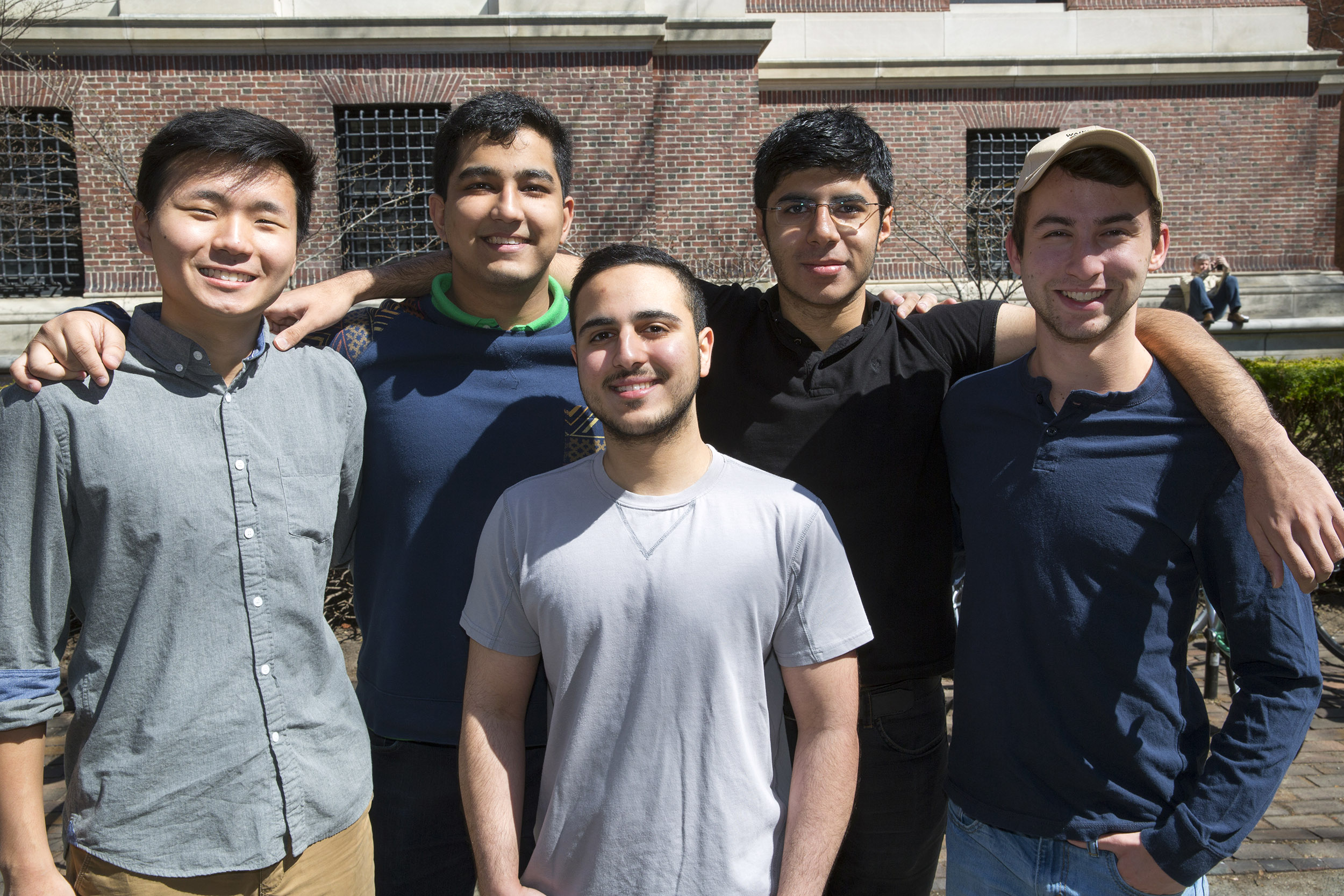 Roommates in Wigglesworth: (l to r) Andrew Cho '20 (AZ), Arpan Sarkar '20 (TN), Michael Shadpour '20 (CA), front, Soheil Sadabadi '20 (Iran), and Scott Kall '20 (MA).