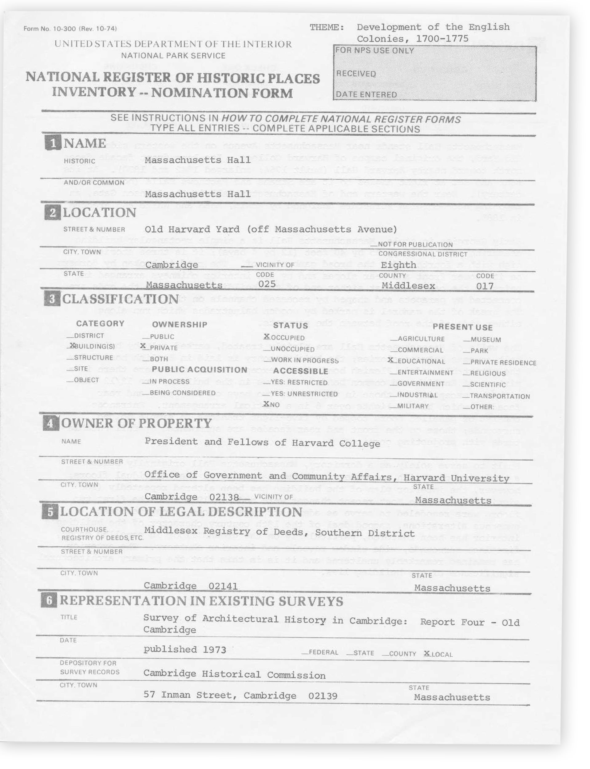 Mass Hall National Historic Landmark nomination form.