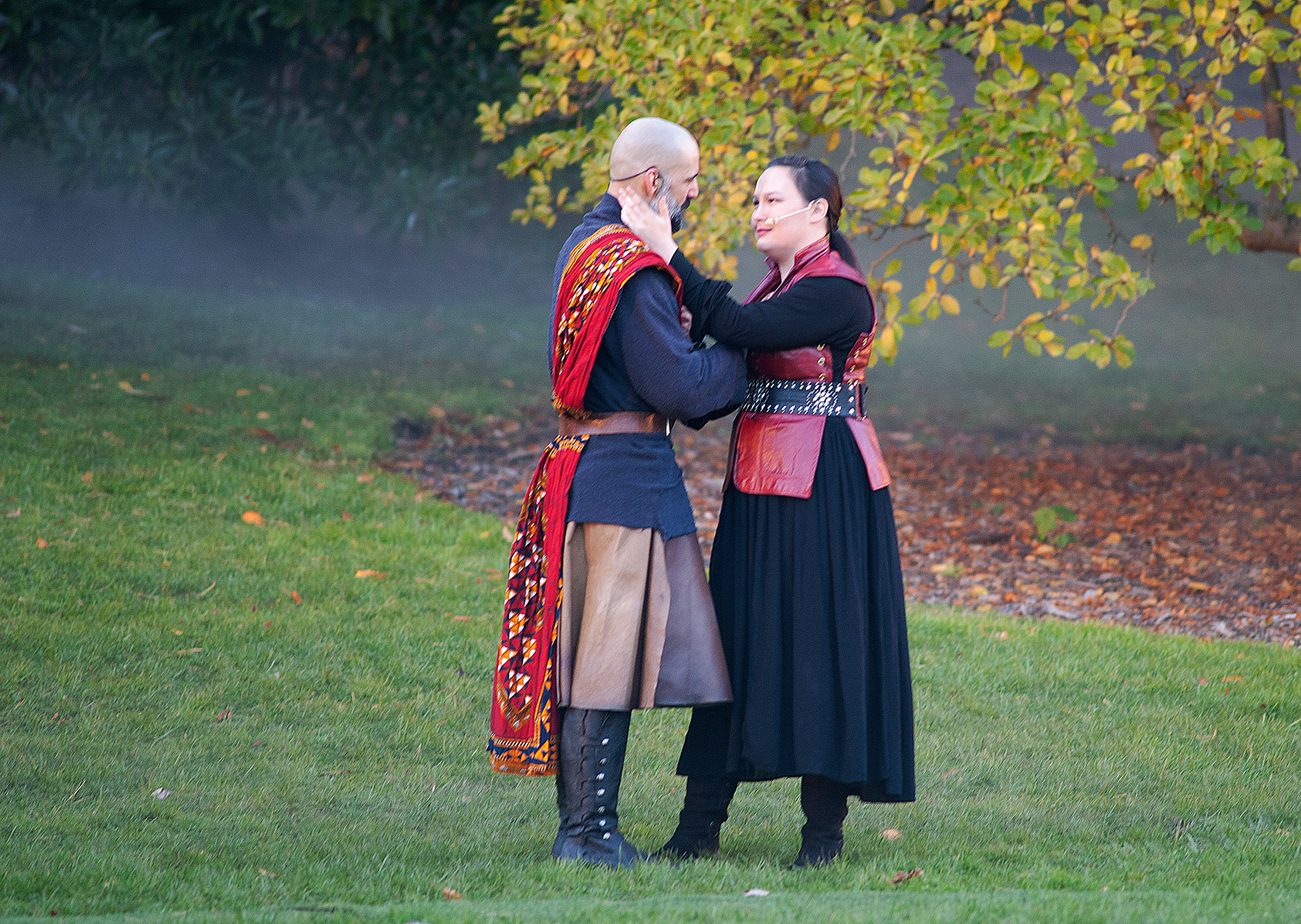 Macbeth (played by Nael Nacer) and Lady Macbeth (Paige Clark) plot the murder of King Duncan.