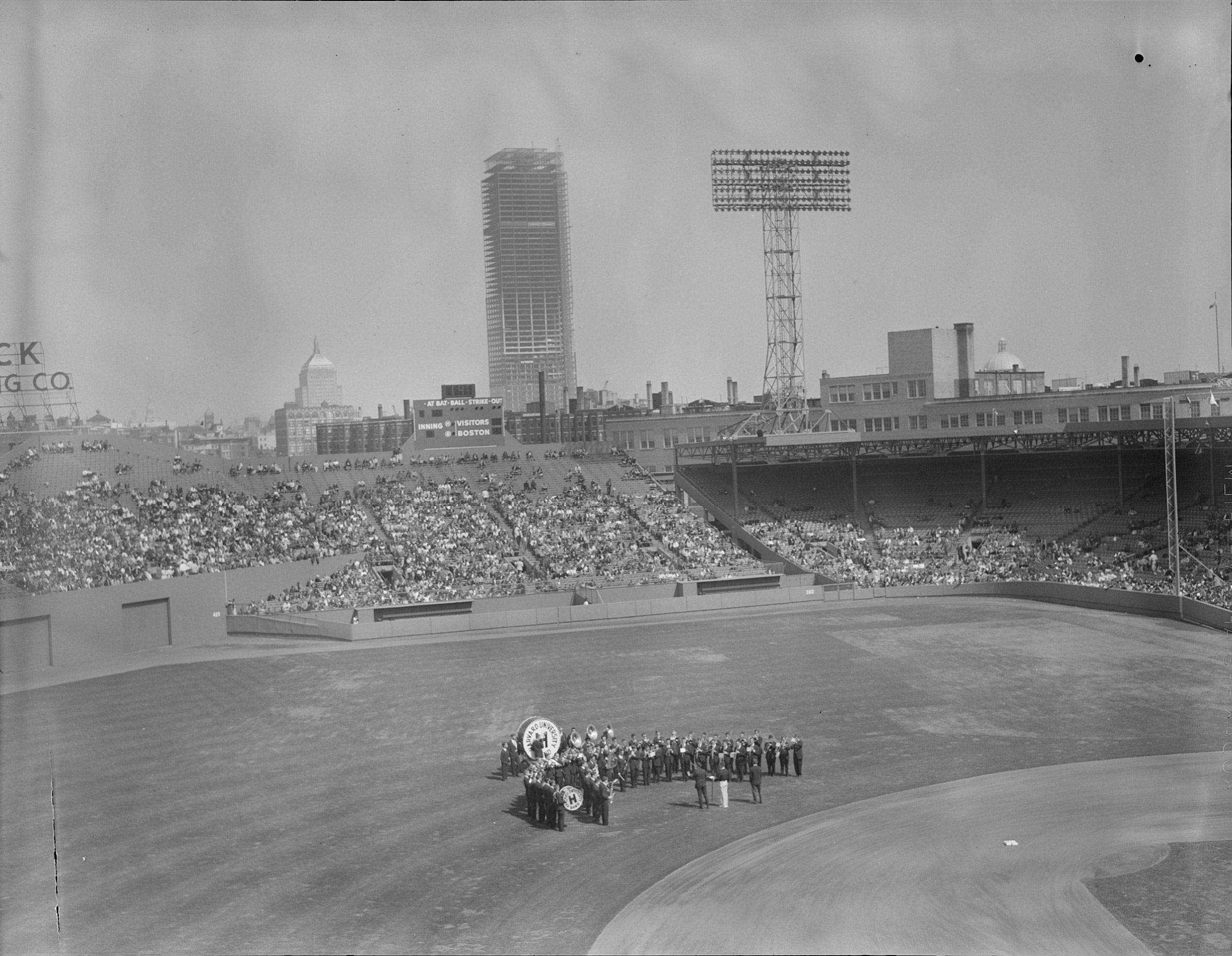 Harvard University band on the field at Fenway Park in 1963.