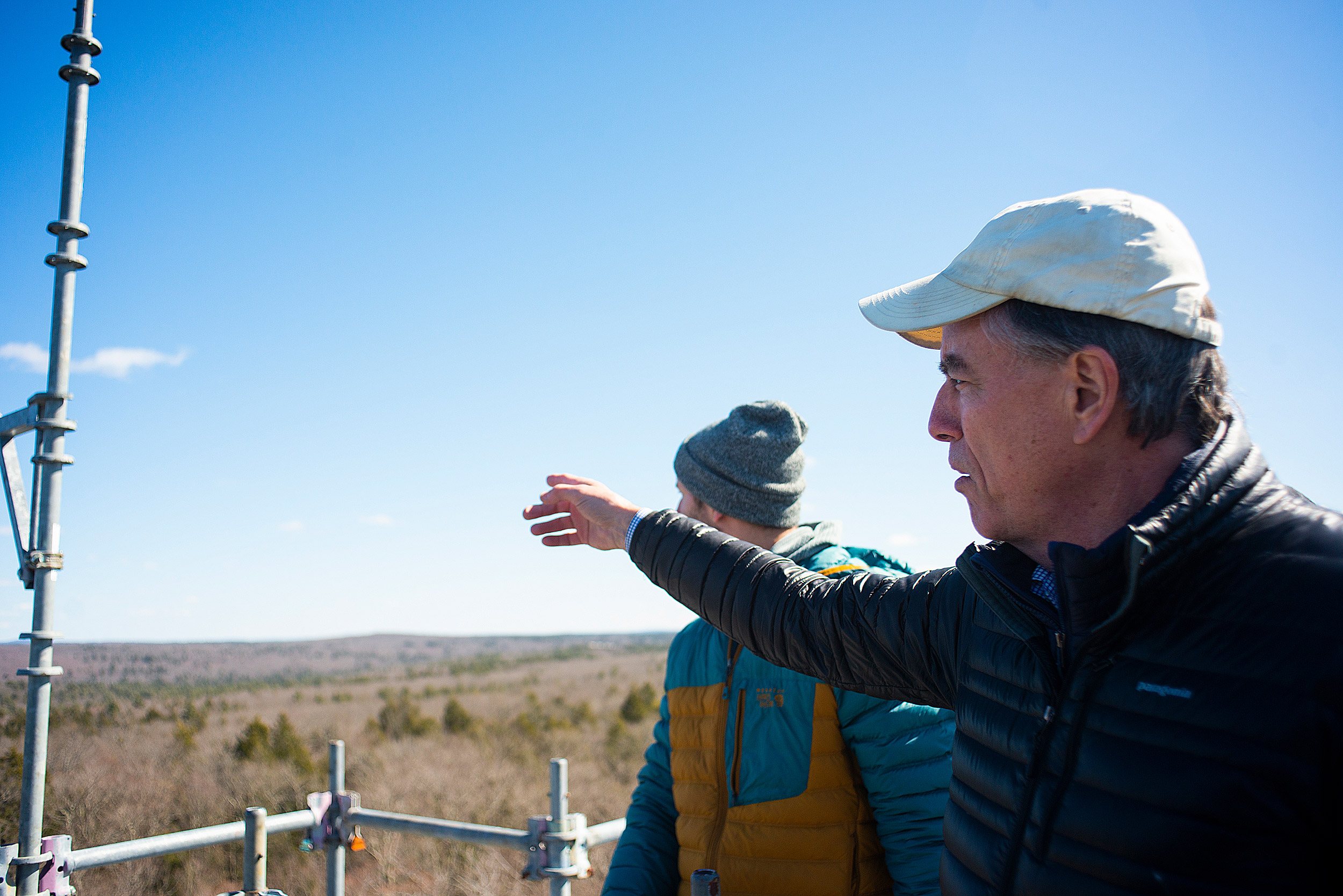 David Foster surveys Harvard Forest from atop a tower.