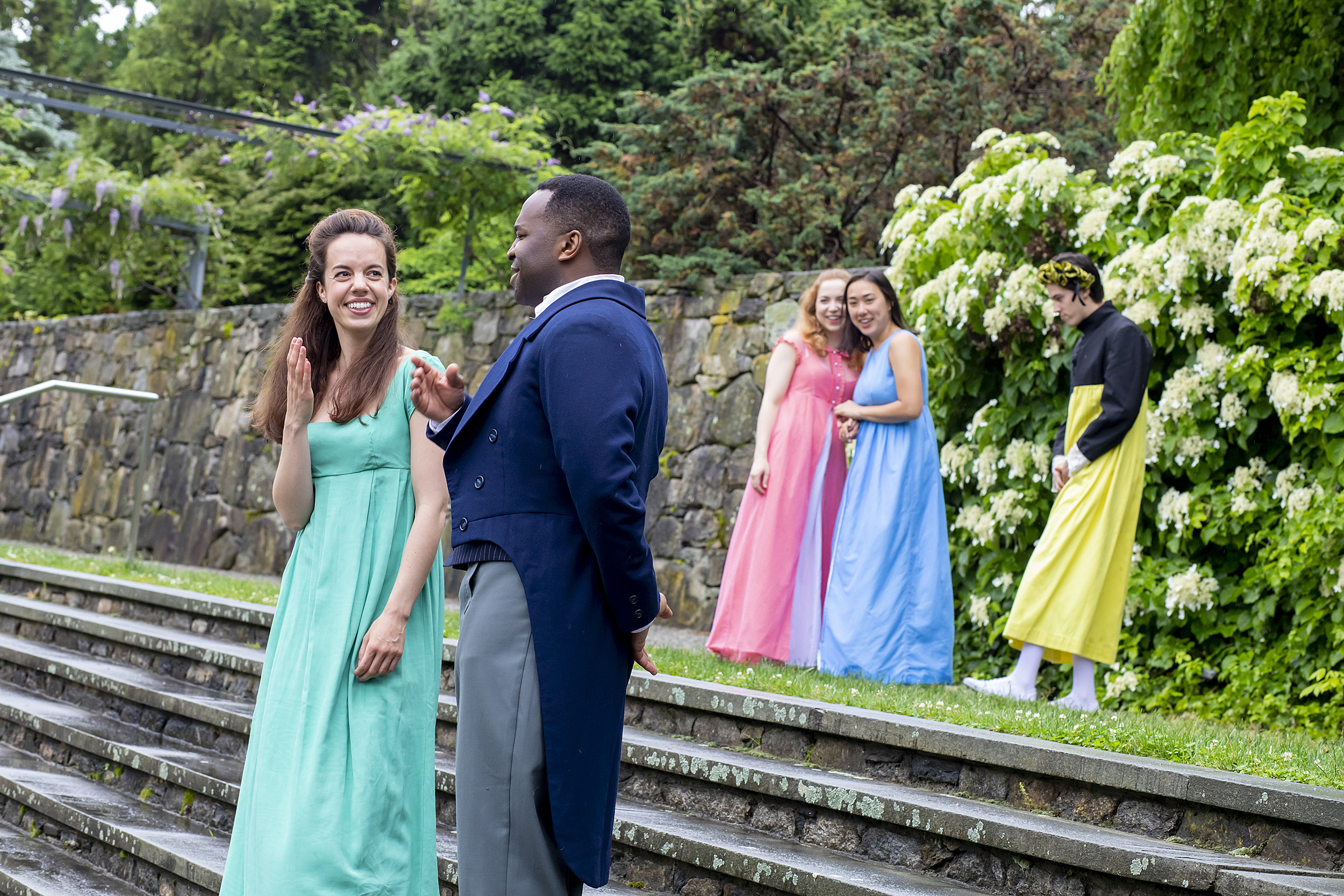 the cast of pride and prejudice rehearses in the Arboretum