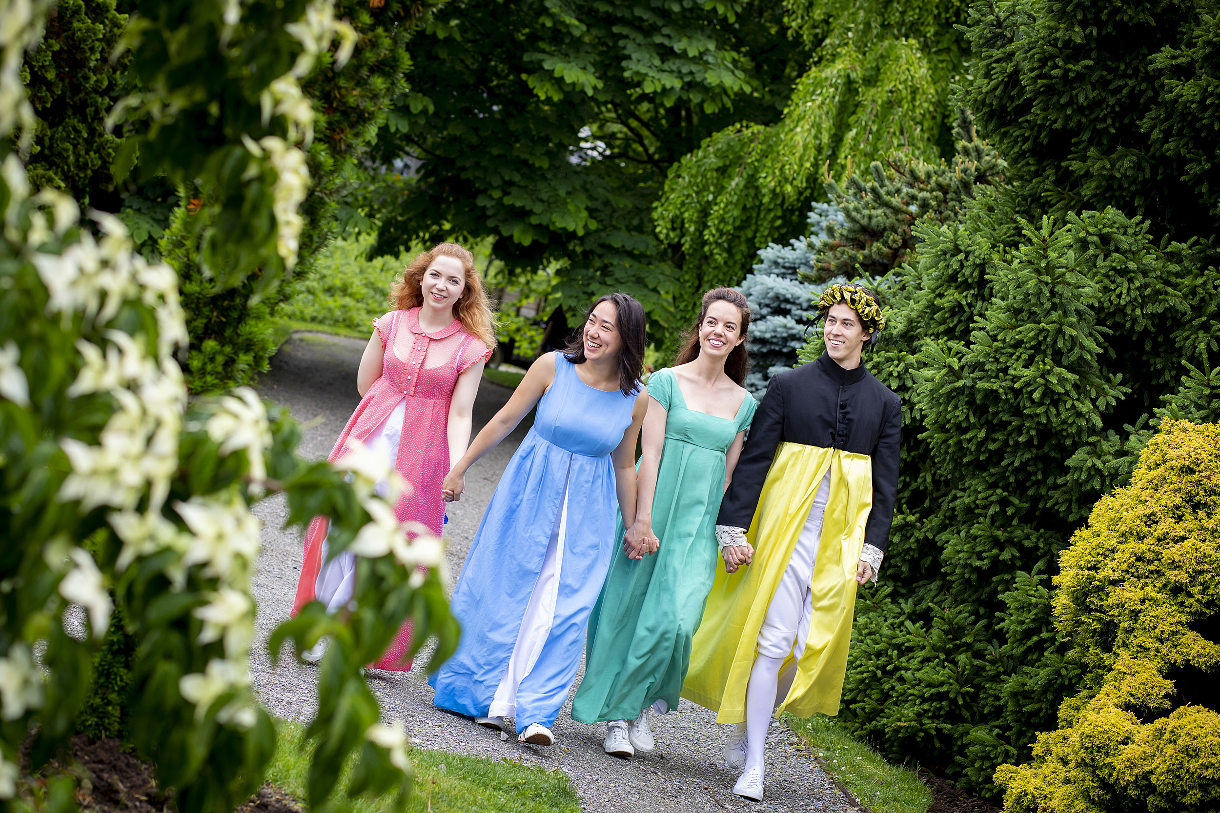 The cast of Pride in Prejudice walking through the Arboretum