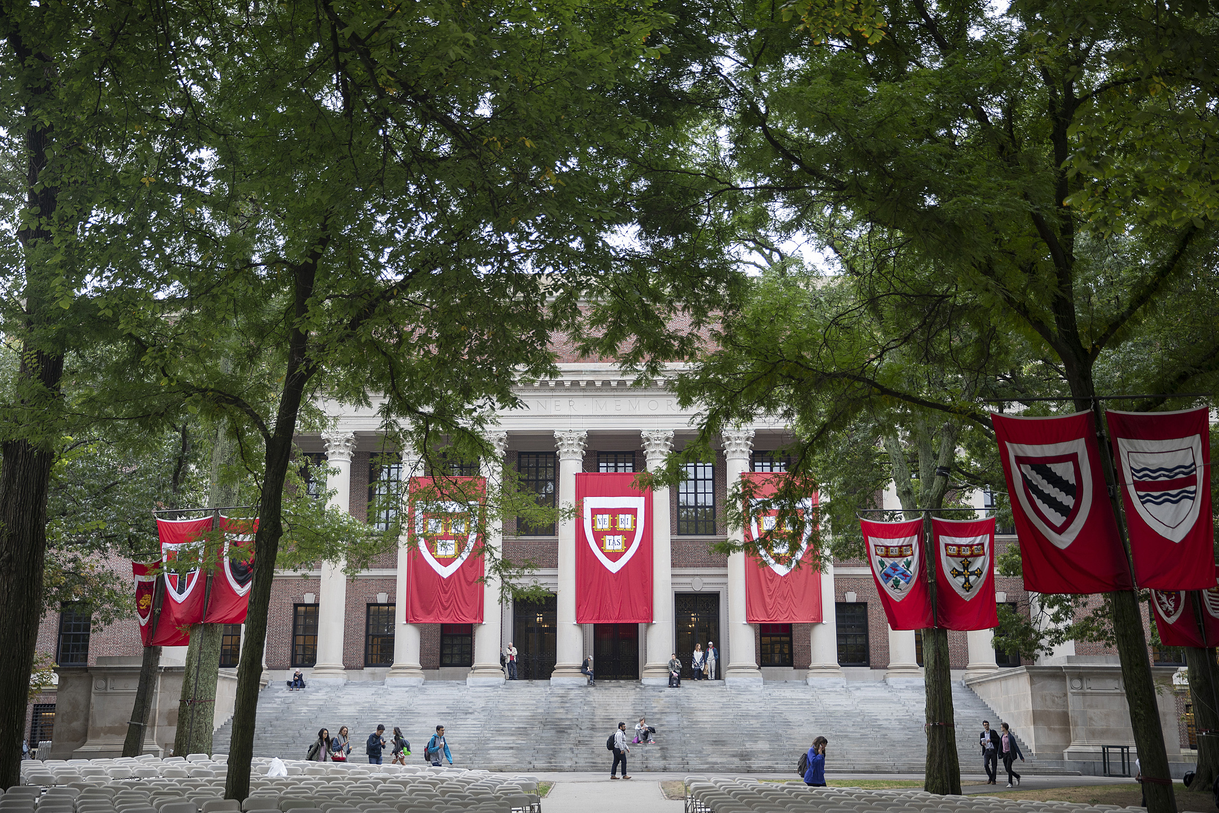 Widener Library decorated with Harvard banners