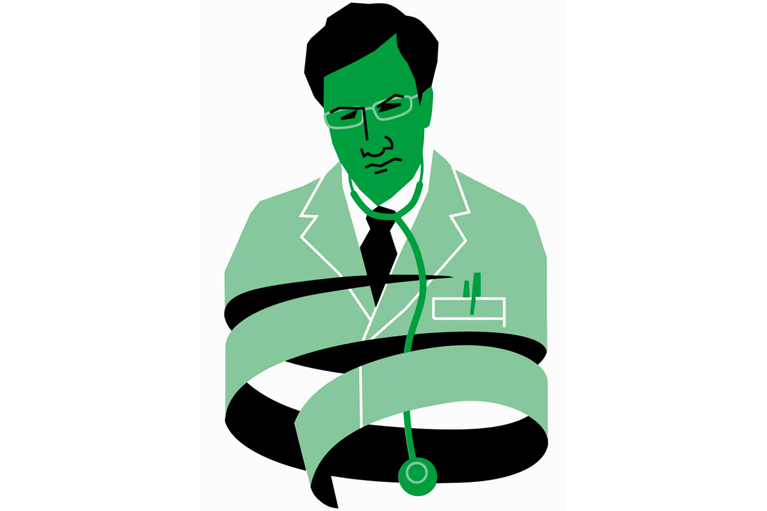 Illustration of a doctor reflecting tied up in paperwork