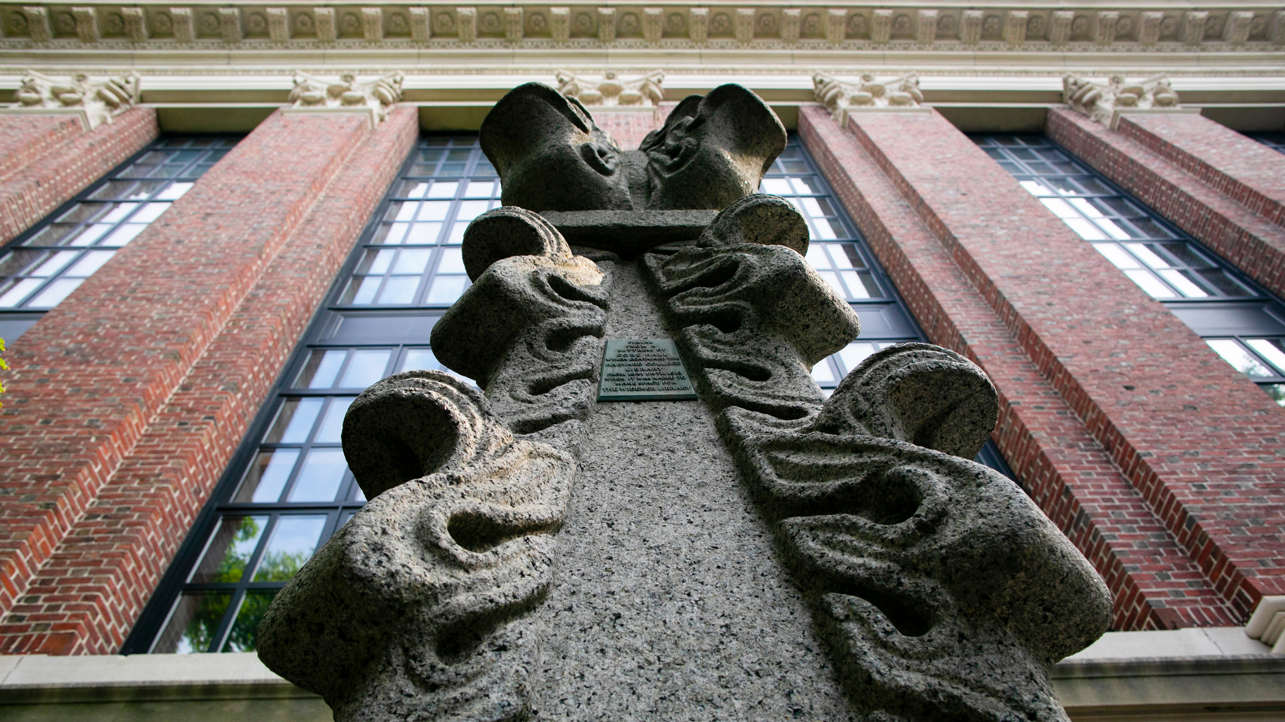 Pinnacle remains from old Gore Hall stands outside Widener Library.