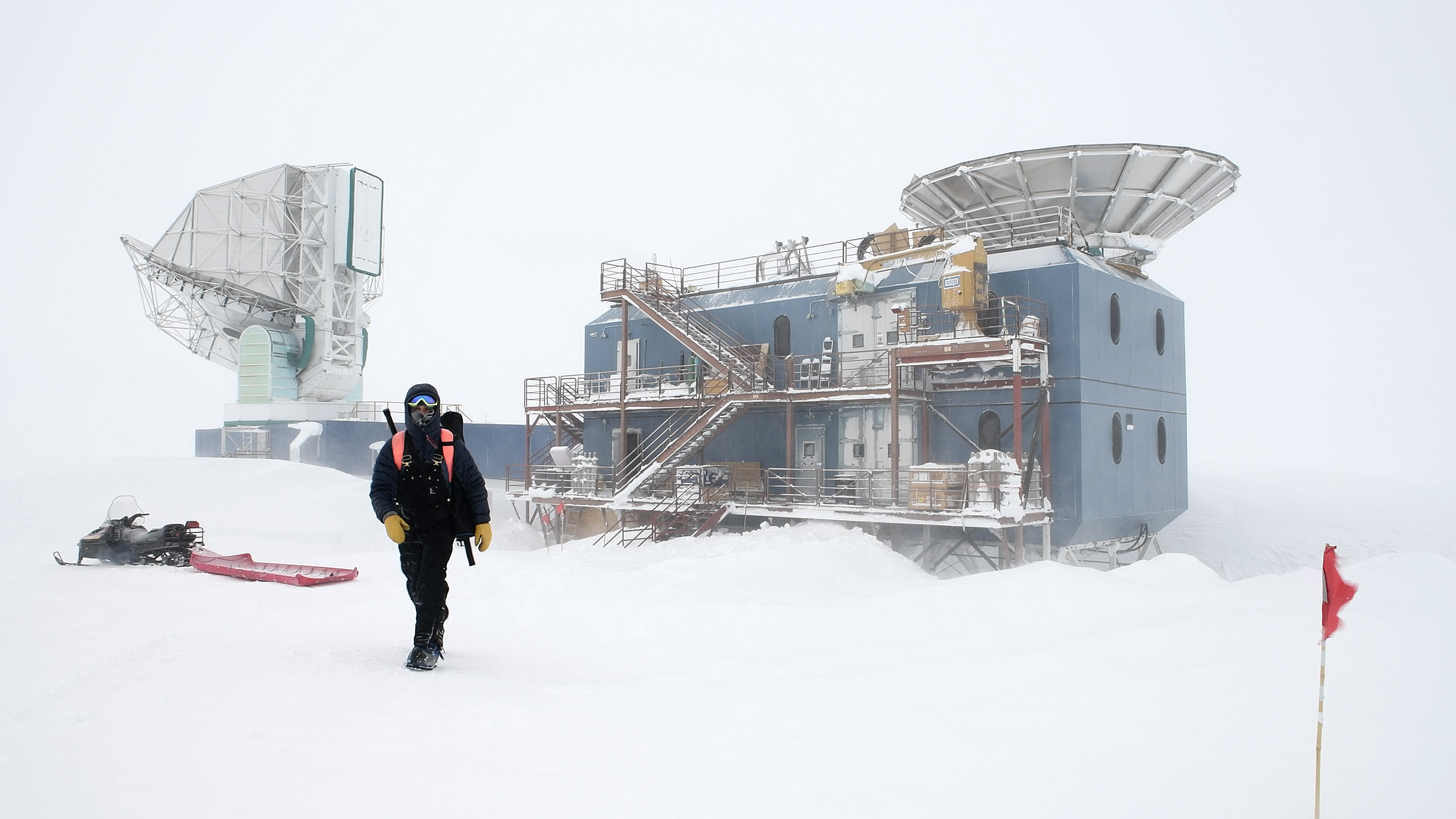 Samuel Harrison leaves Dark Sector Laboratory in a whiteout.