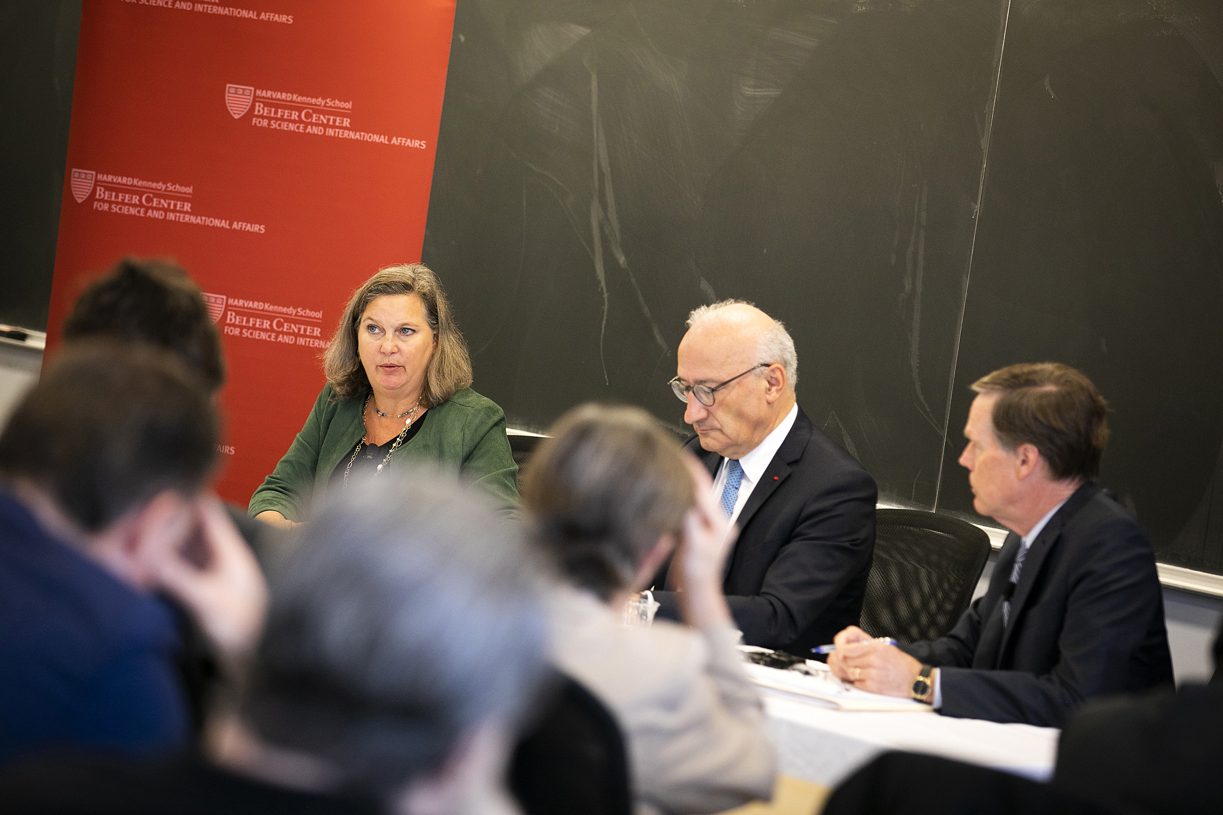 Former Ambassador Victoria ("Toria") Nuland speaks during an event with Ambassador of France to the United States Philippe Etienne moderated by Nicholas Burns.