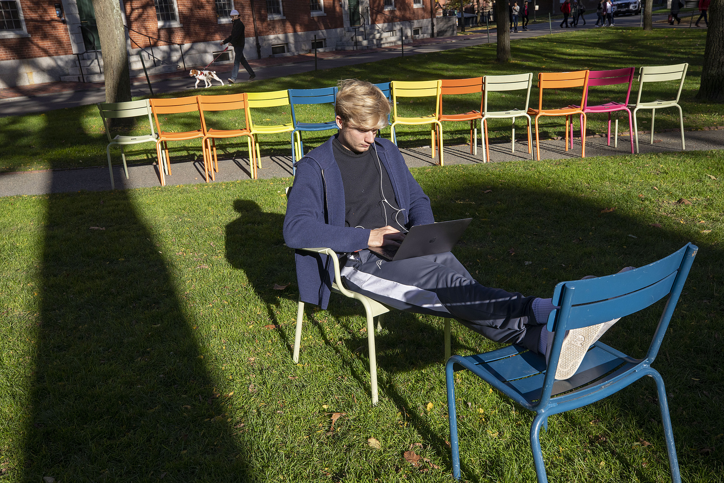Student studying in the yard.