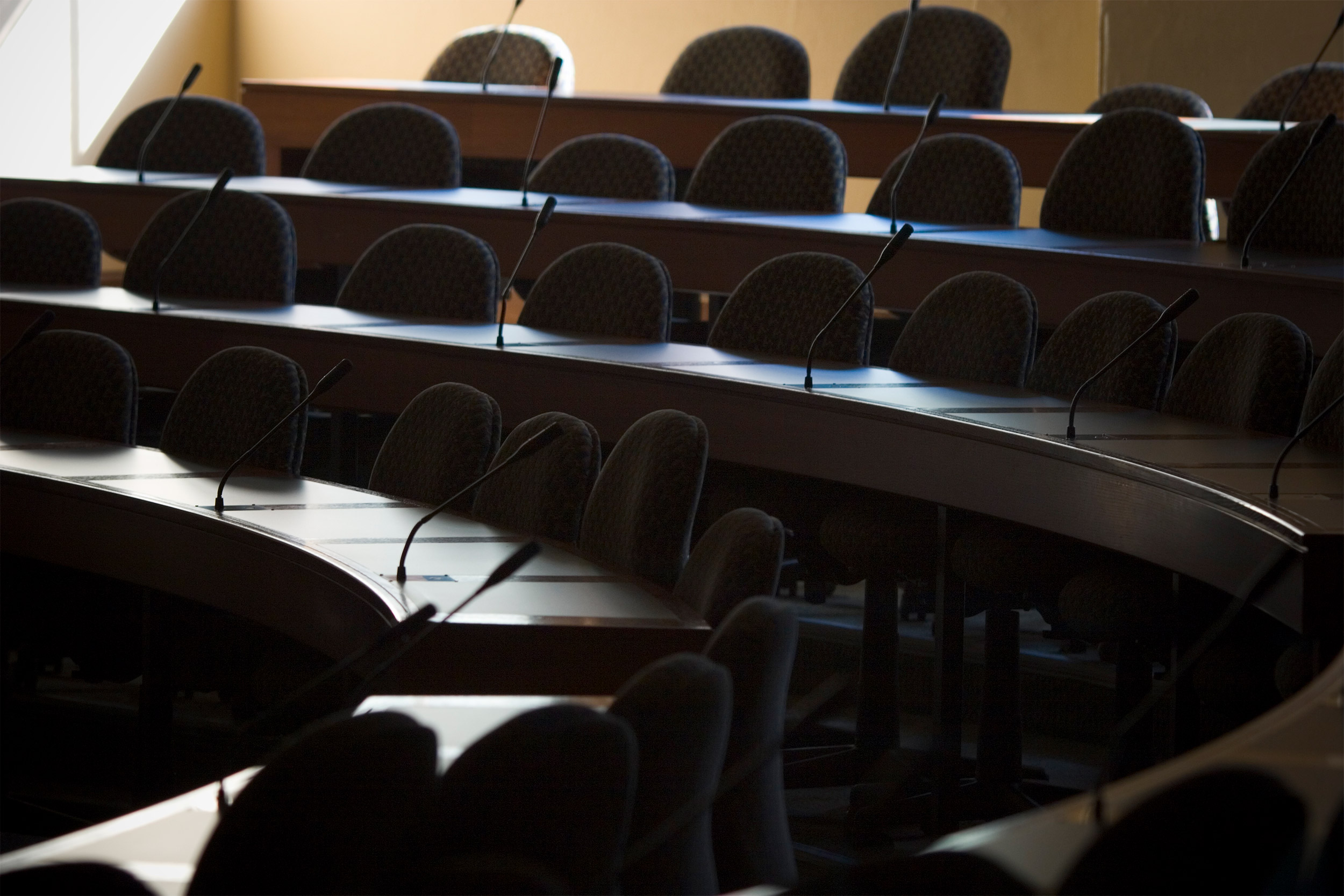 Empty classroom at Harvard Law School.