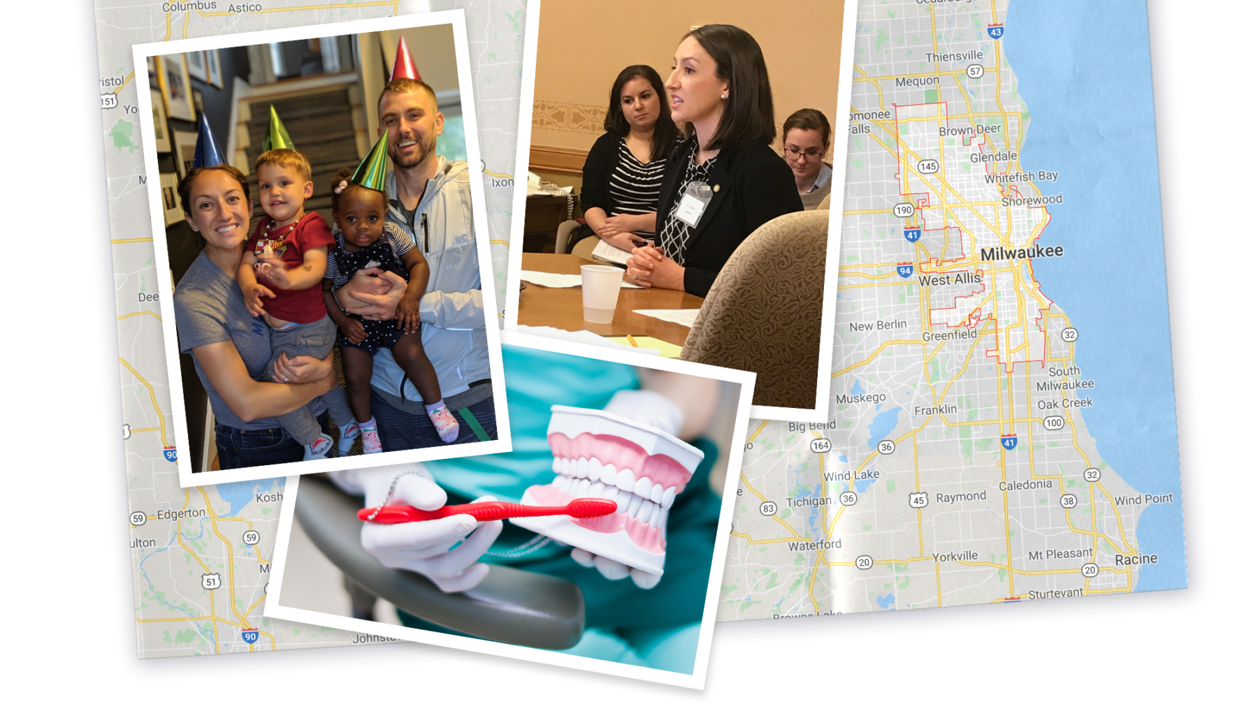 Collage of map of Wisconsin, photo of Colleen Greene, photo of her family and photo of an oral model