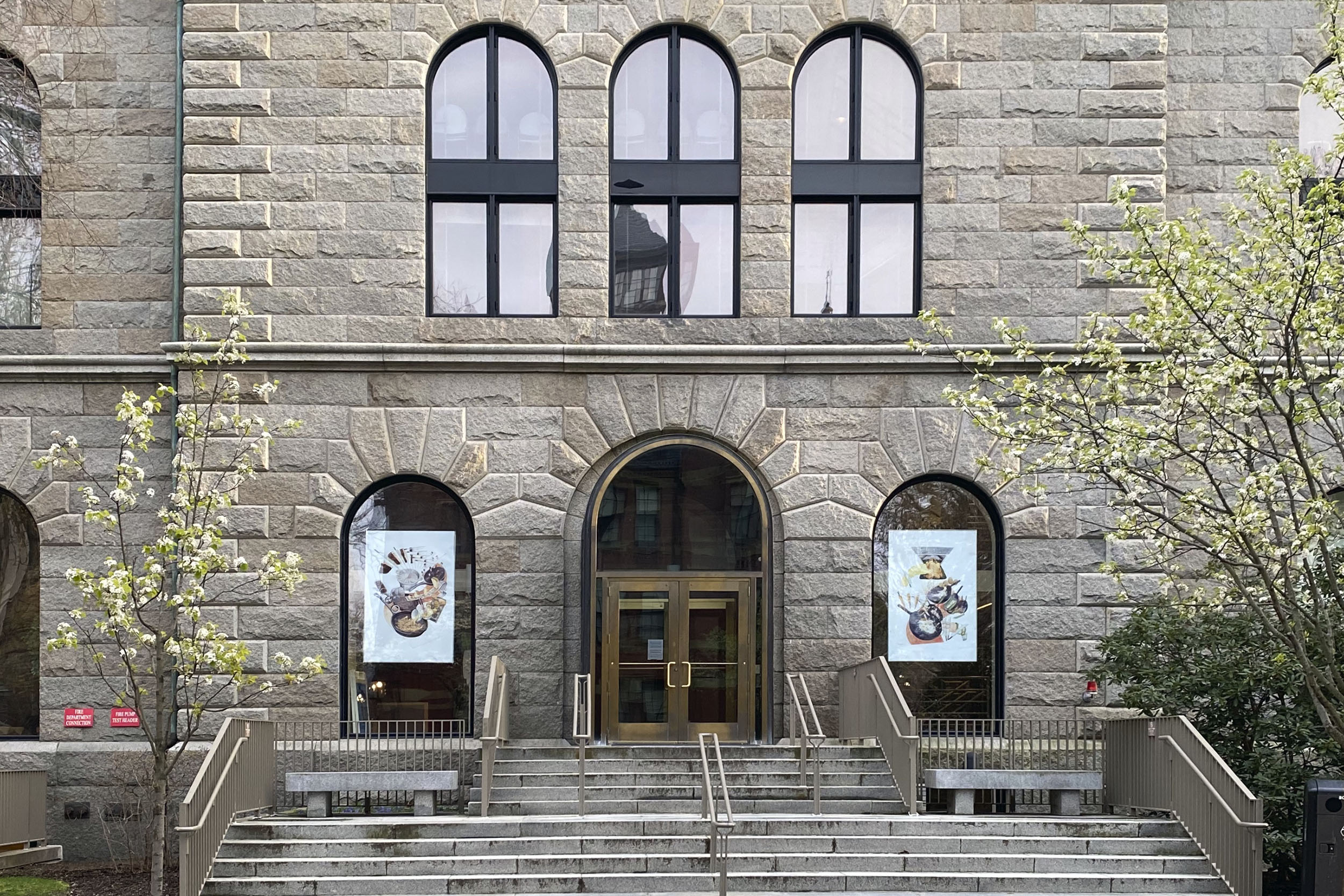 Art in windows of Boylston Hall.