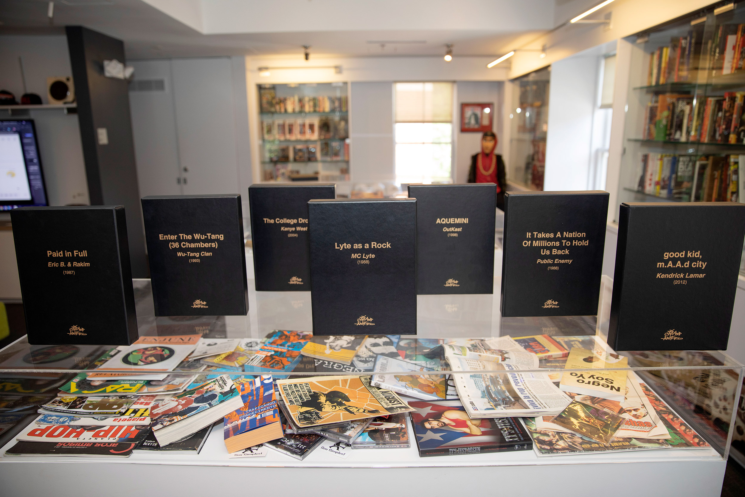 Books, magazine, albums inside Harvard's Hiphop Archive.