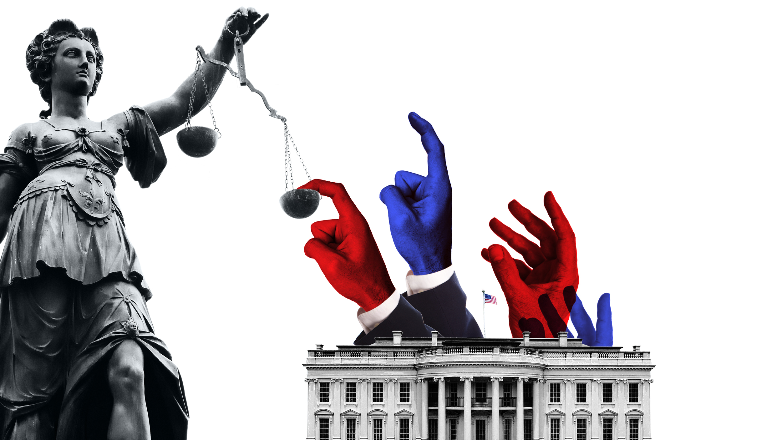 Illustration of presidents tipping scales of justice.