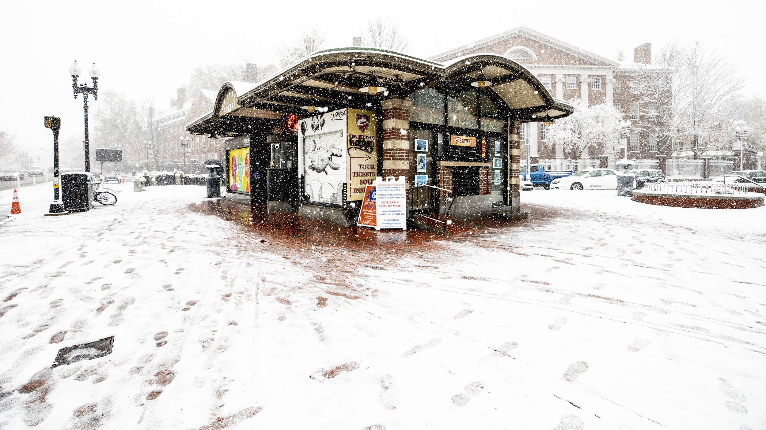 The Former Out of Town News Stand is covered in snow.