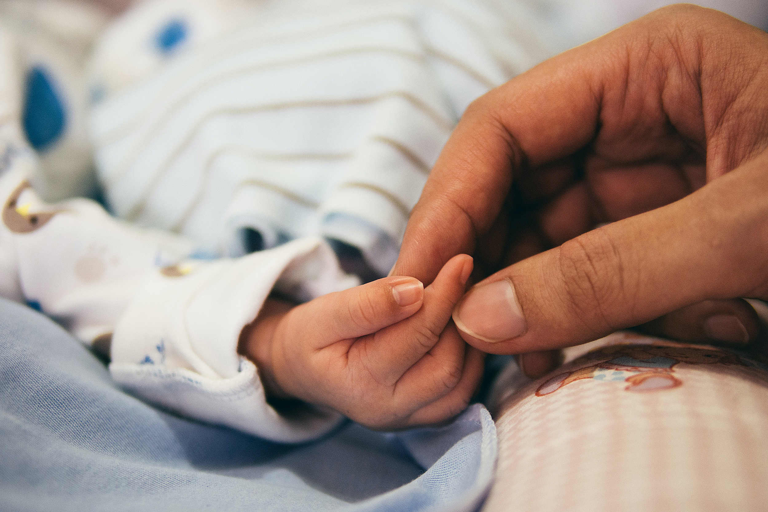 Baby and adult holding hands.