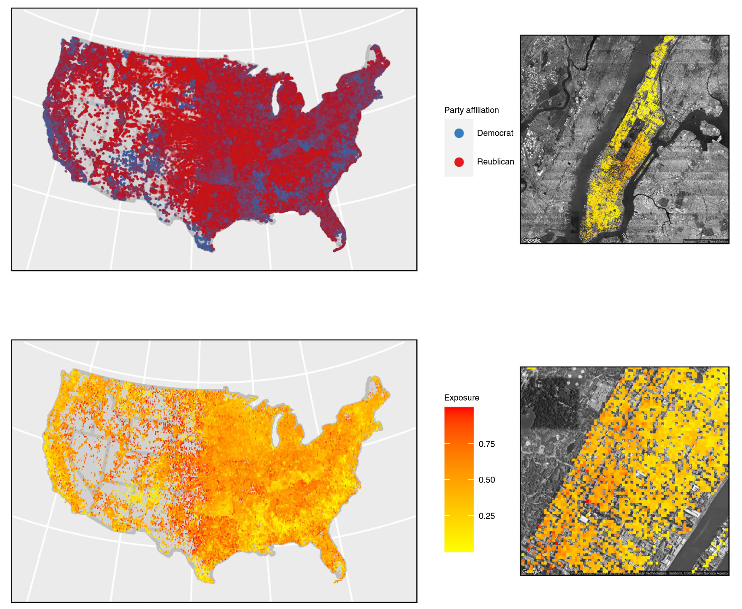 Map shows Democrats and Republicans tend to live in separate neighborhoods across the U.S. A magnified view of Manhattan shows it to be inhabited mostly by Democrats except for one section along Central Park where Republicans and Democrats co-exist.