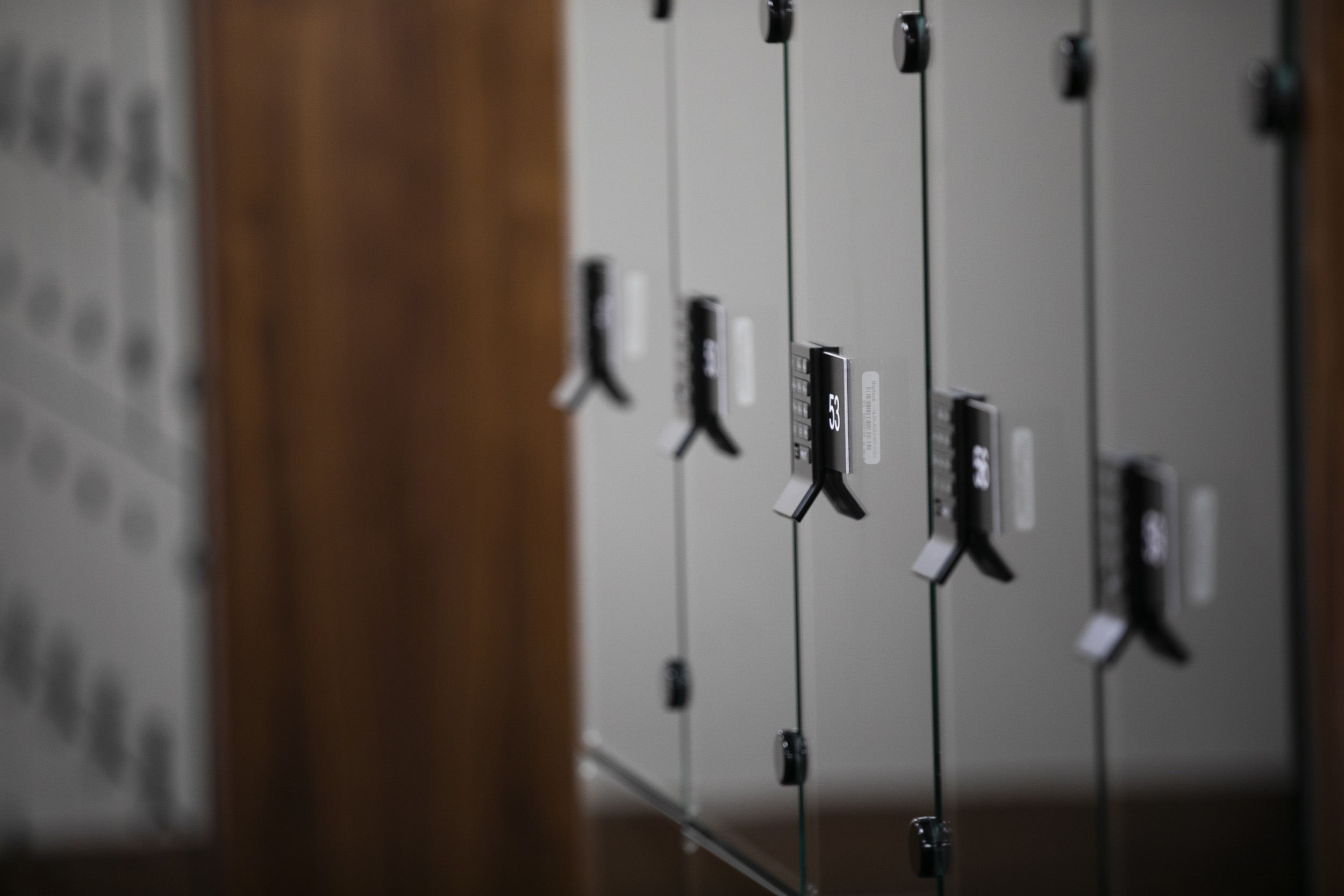 Lockers for visitors' belongings are pictured near the lobby.