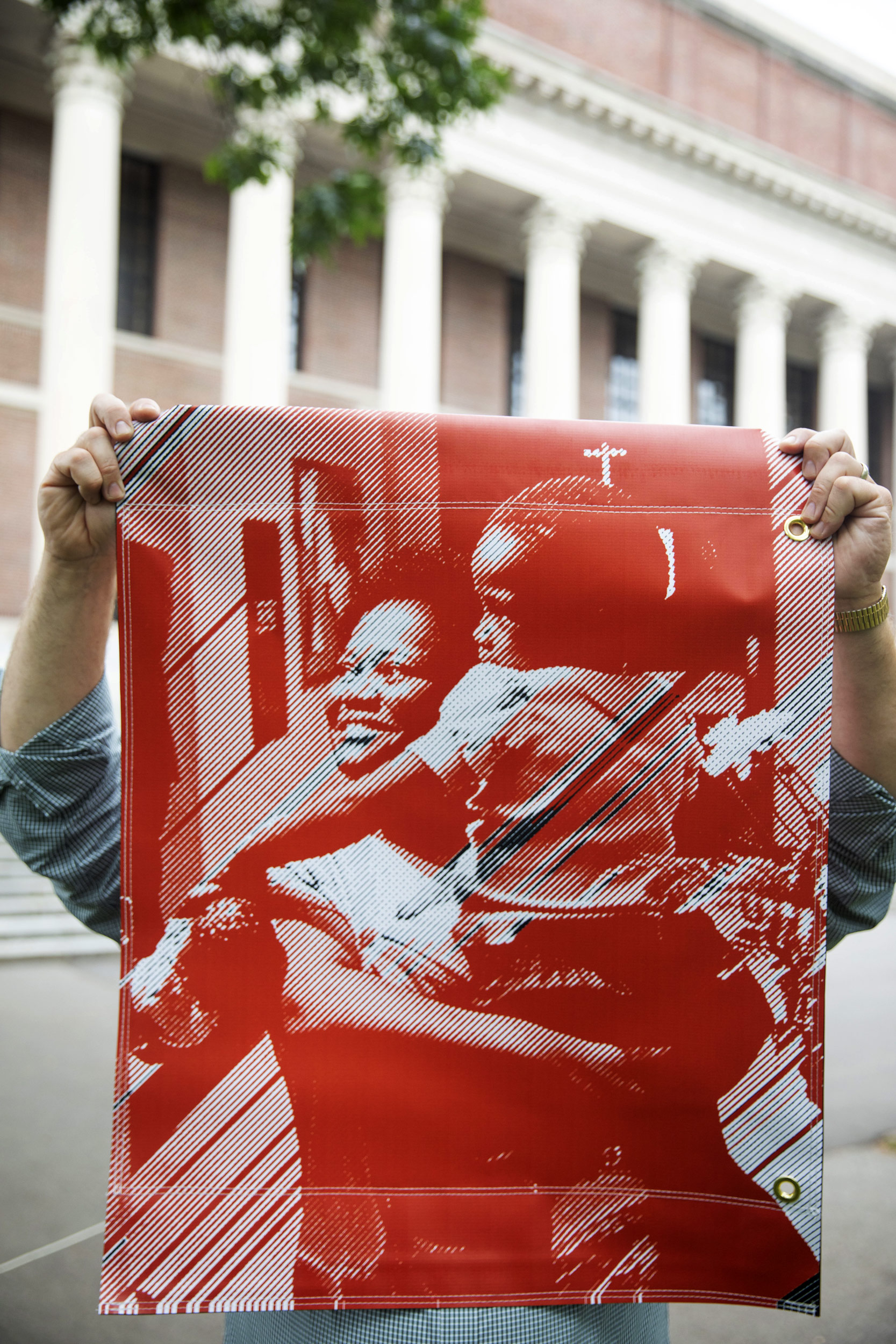 Visual artist Tomashi Jackson animates the Yard with vibrant banners that depict Civil Rights activists Ruth Batson and Pauli Murray.