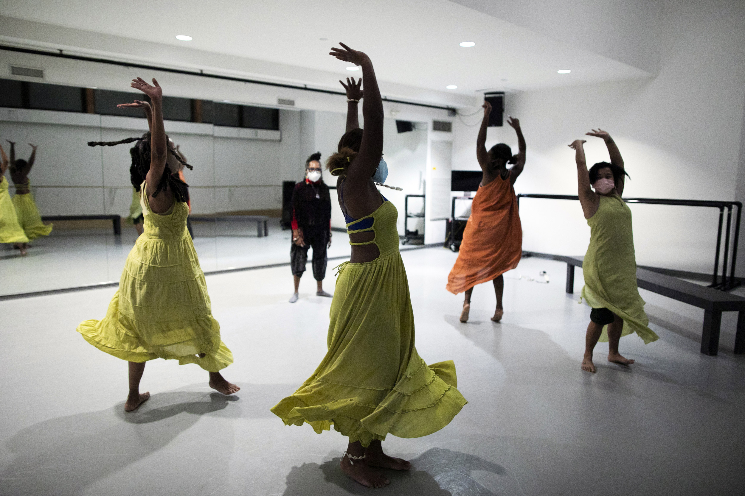 Toni Singleton (from left), Nailah Randall-Bellinger, Imani Deal, Patricka James, and Jeryl Pilapil-Brown are pictured during rehearsal.