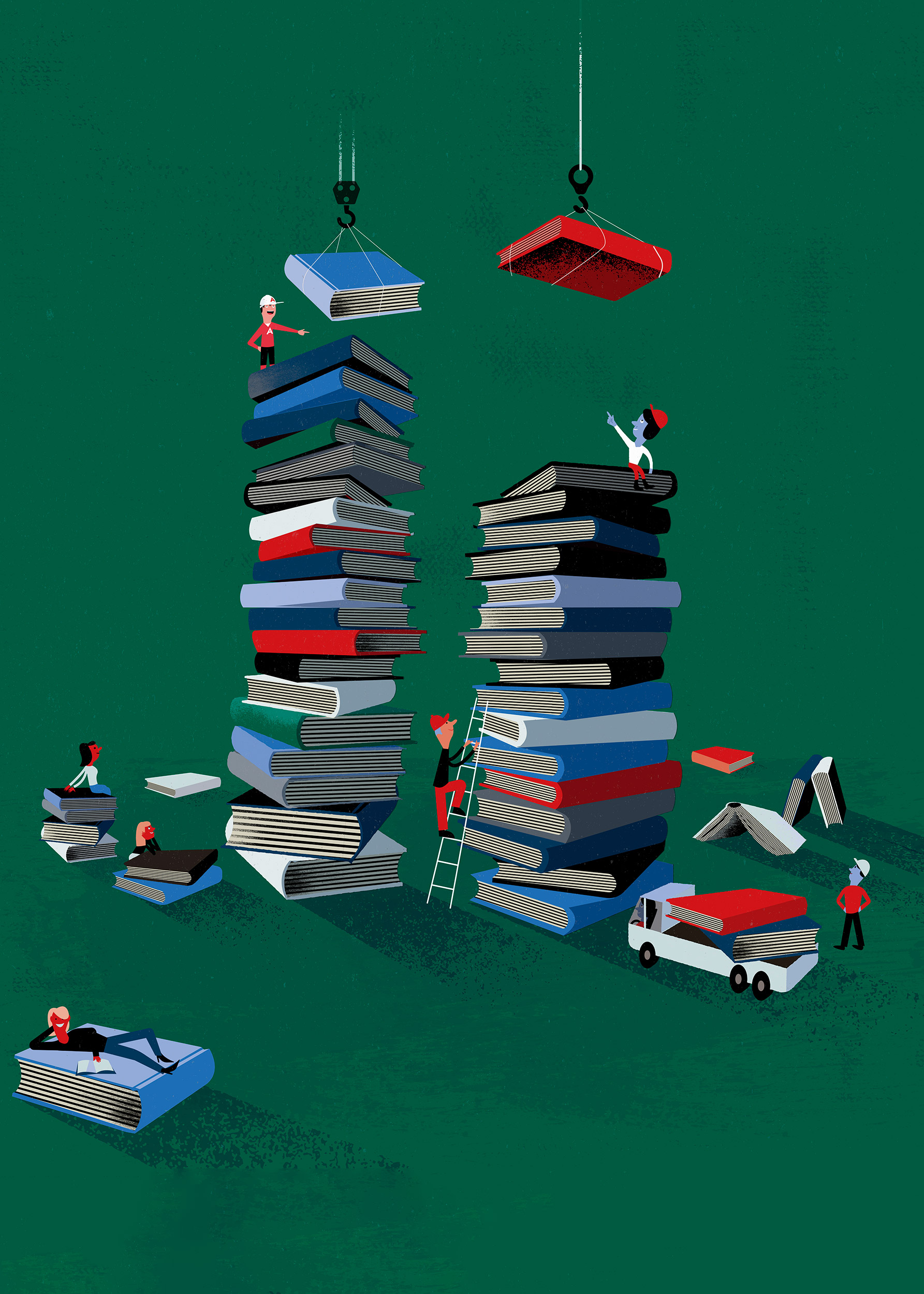 Illustration of community building tall pile of books.