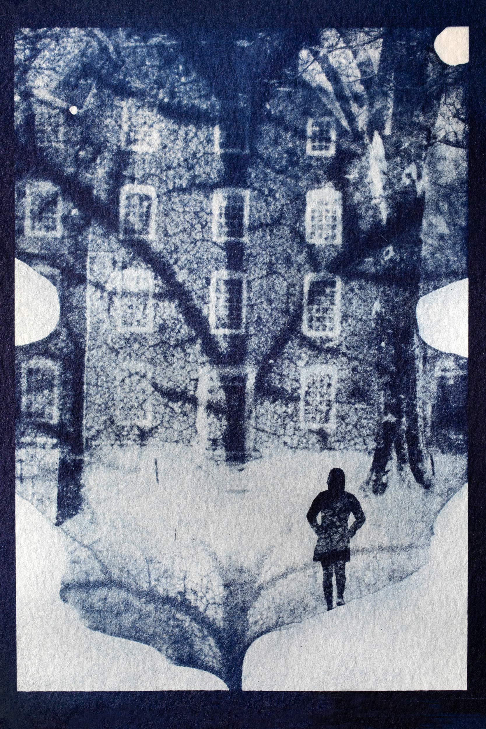 A cyanotype composites an oak leaf from Harvard Yard with a figure walking toward Massachusetts Hall.