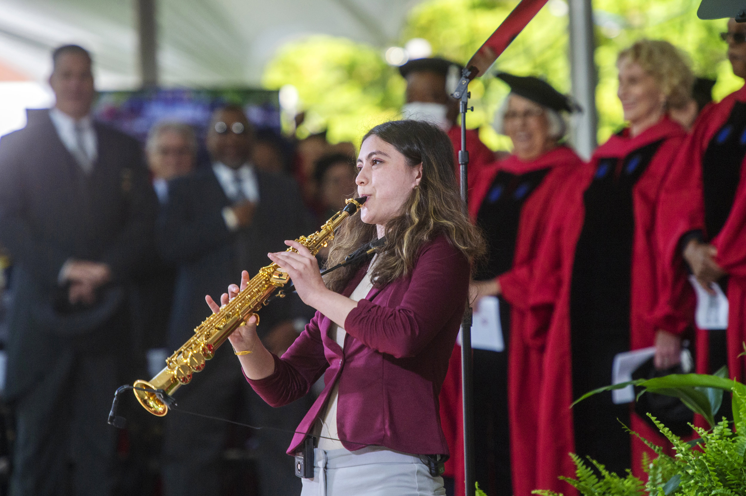 Veronica Leahy ’23 plays the national anthem on her horn to open Morning exercises.