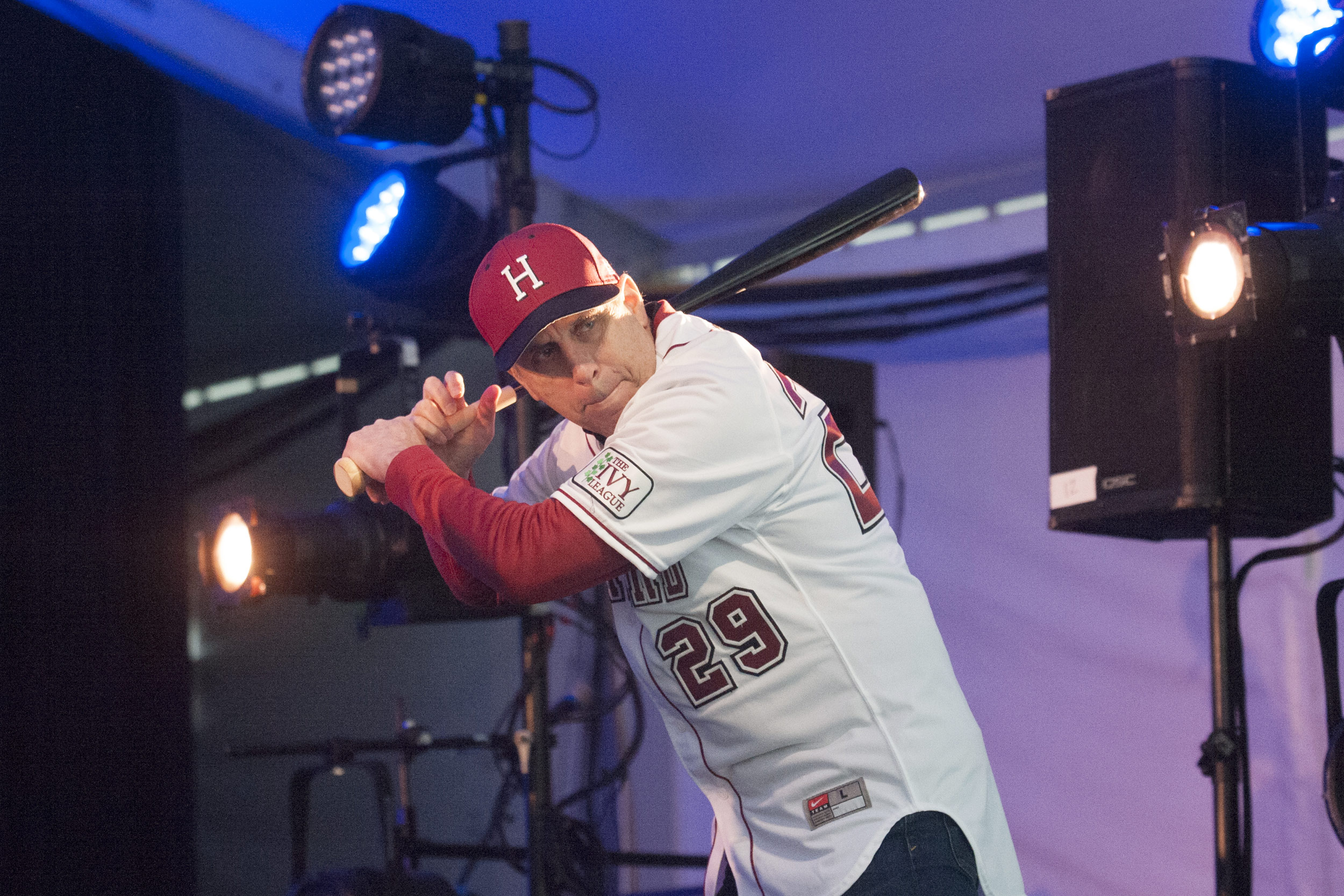 Bacow performs the poem “Casey at the Bat” accompanied by the Harvard Pops Orchestra during the 2019 Arts First festival.