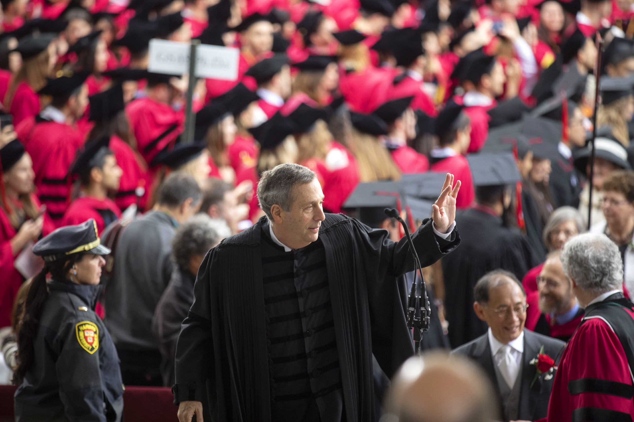 The president led the procession to Morning Exercises in Tercentenary Theatre for Harvard’s 368th Commencement.