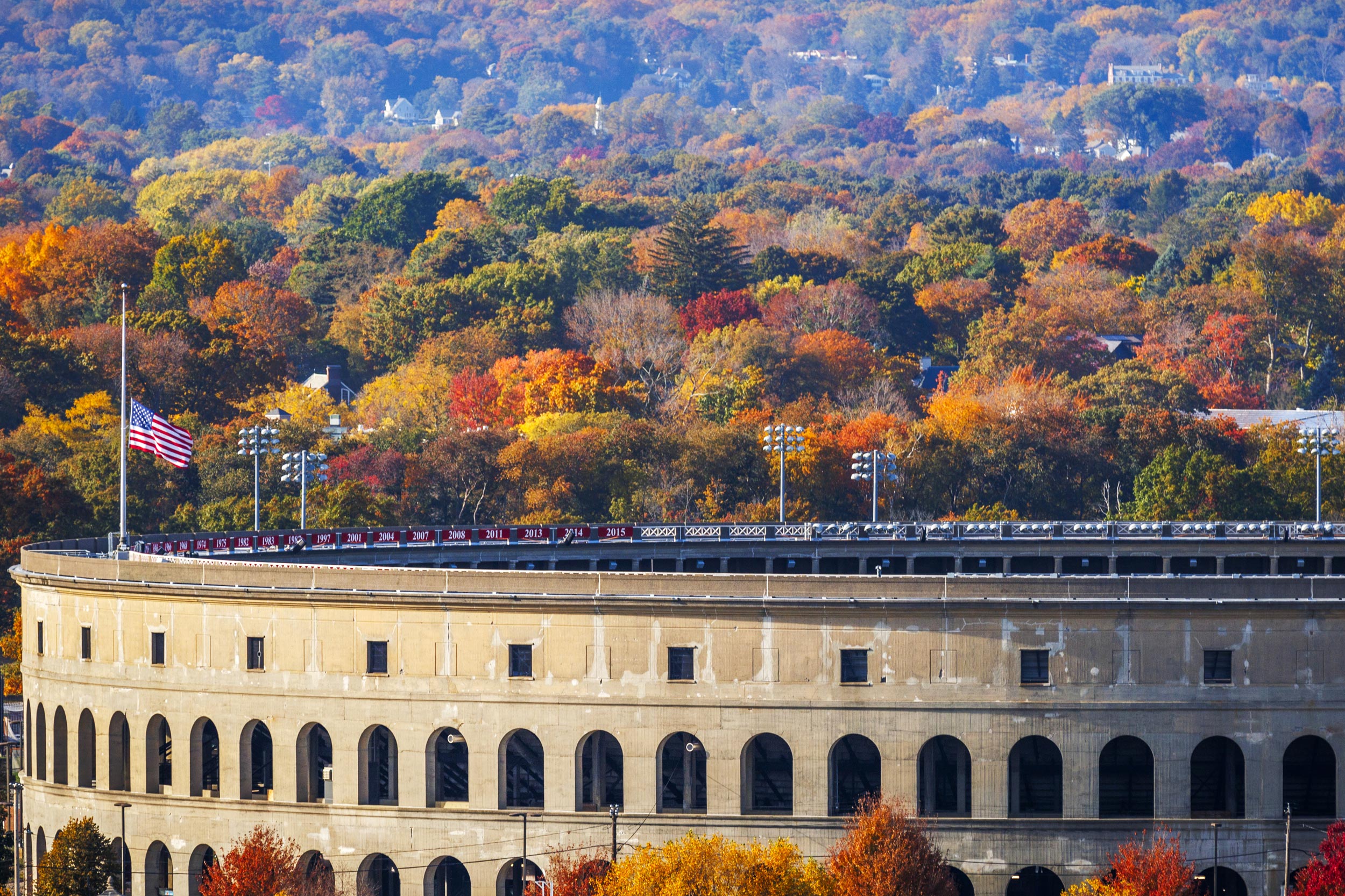 Bright foliage wreaths Harvard Stadium.