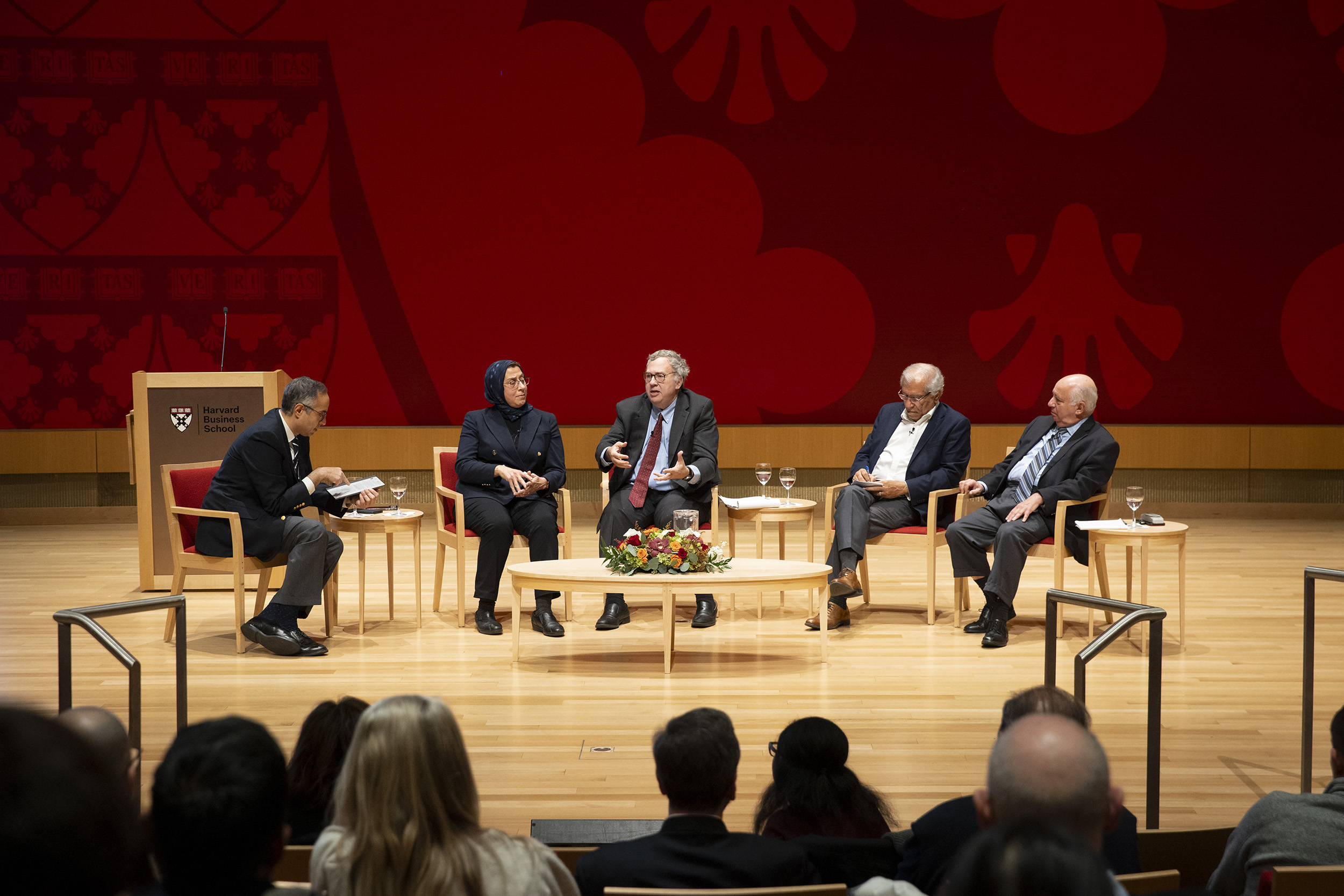 TPanelists Tarek Masoud (from left), Amaney Jamal, David Makovsky, Khalil Shikaki, and Shai Feldman at Klarman Hall.