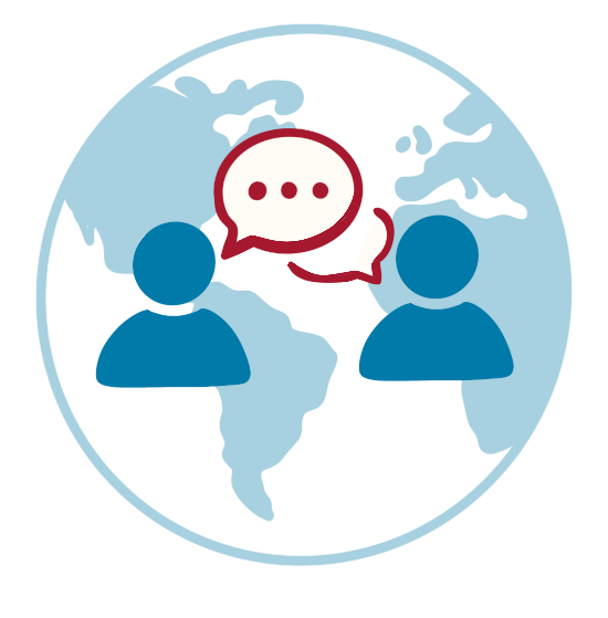 Icon of two people talking with large speech bubbles and a globe background.