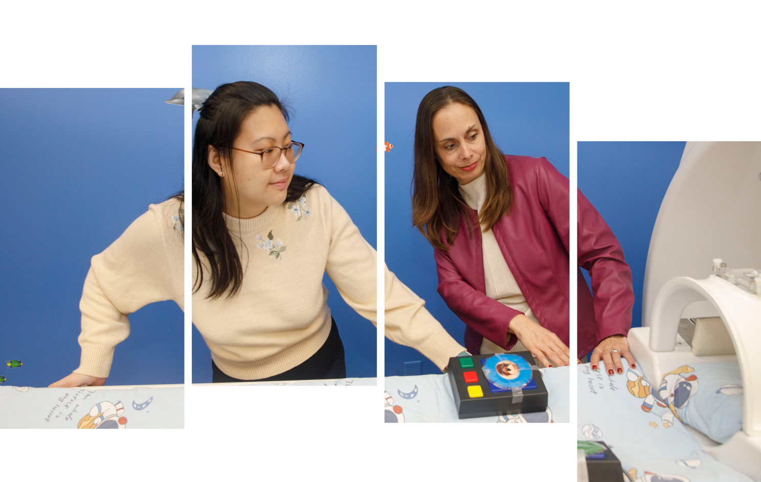 Megan Loh and Nadine Gaab show a model of an MRI machine they use to acclimate young study participants.