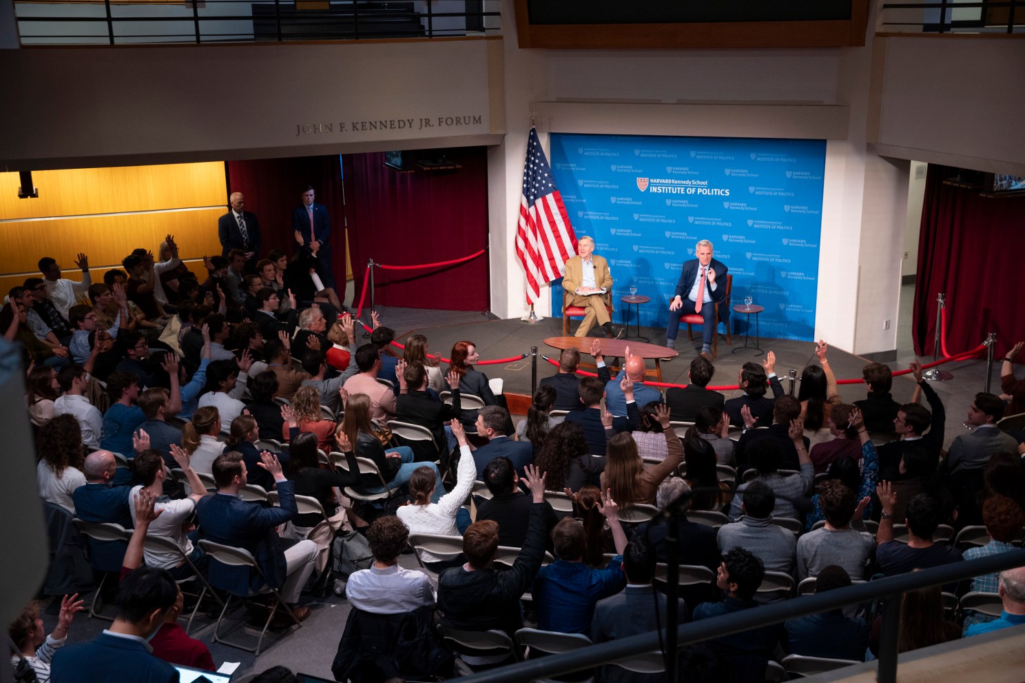 Graham Allison (left) and Kevin McCarthy speaking during the event.