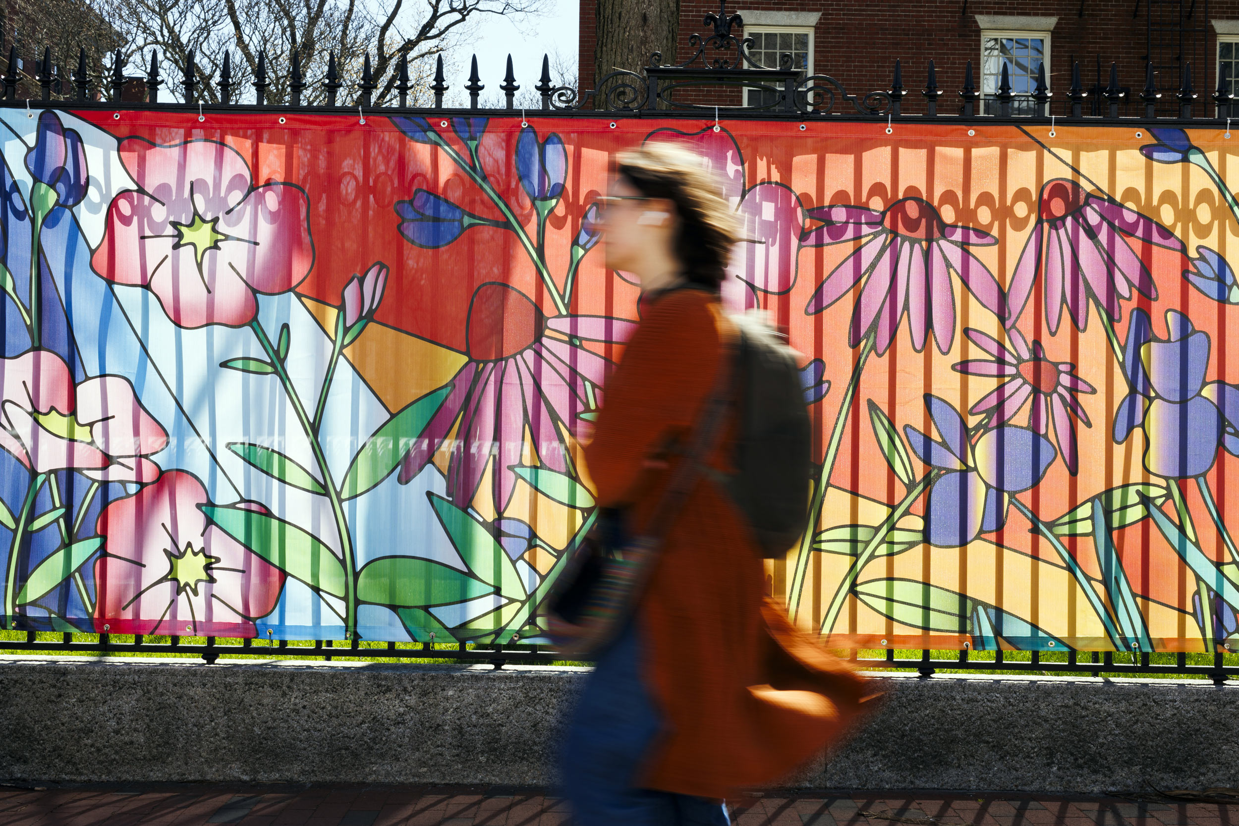 A detail image of a public art installation called “In Bloom” by Abby Weber ’26 is pictured in Harvard Yard.