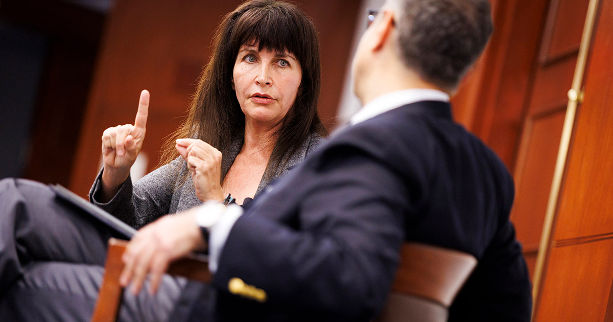 Einat Wilf (left), former Knesset member, speaks with Tarek Masoud at Harvard Kennedy School.