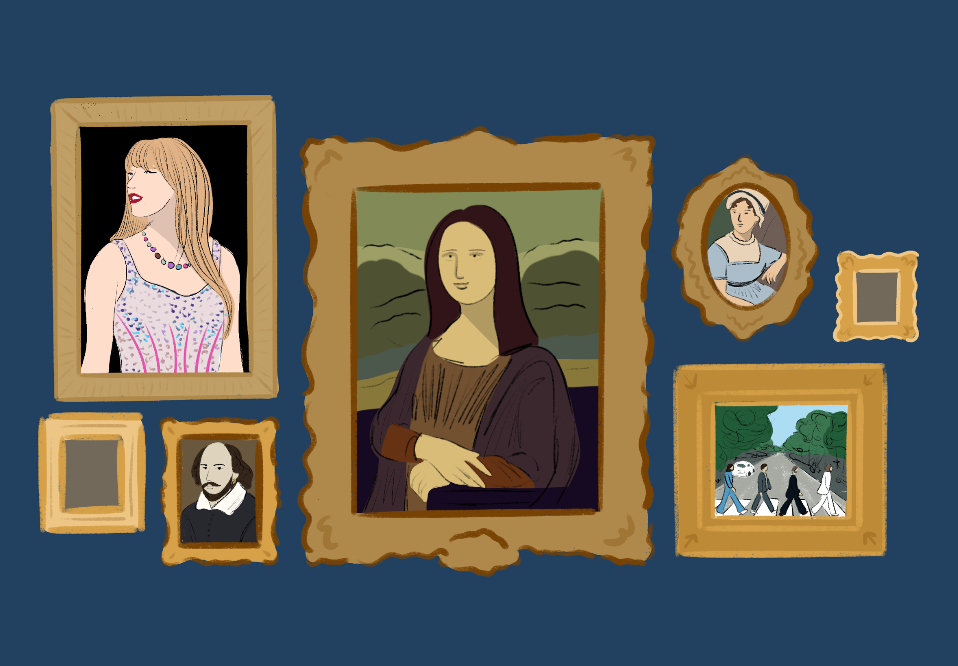 Gallery wall of Taylor Swift, William Shakespeare, Mona Lisa, Jane Austen, and the Beatles. 