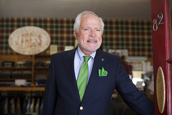 Denis Black is the general manager emeritus of J. Press Store in Harvard Square. He has been with the store since 1977 and in the clothing business for over 50 years. He is pictured by the shop entrance on Mt. Auburn Street. Stephanie Mitchell/Harvard Staff Photographer